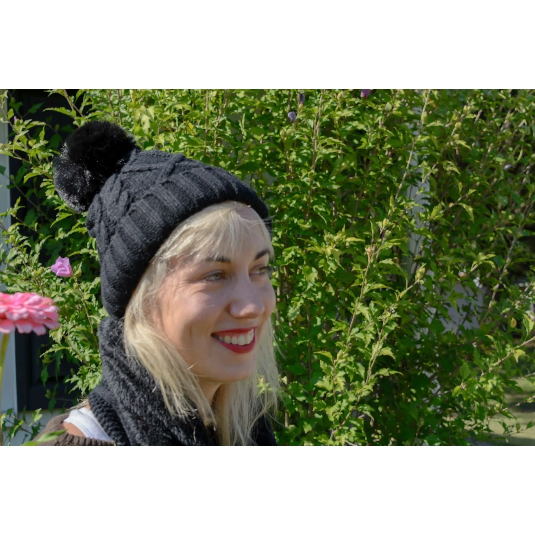 Fuzzy Fur Lined Beanie Pom Pom Hat and Scarf Set