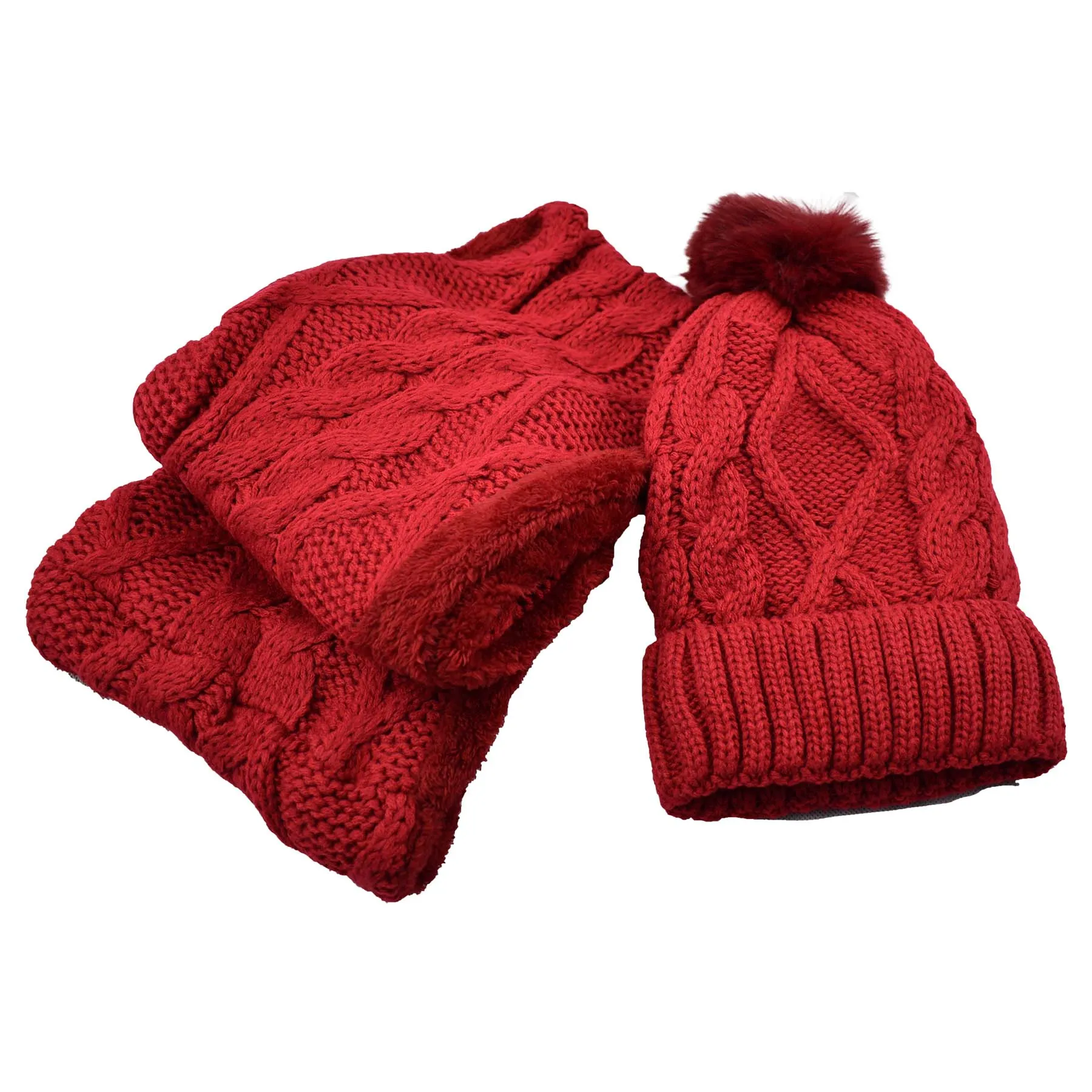Fuzzy Fur Lined Beanie Pom Pom Hat and Scarf Set