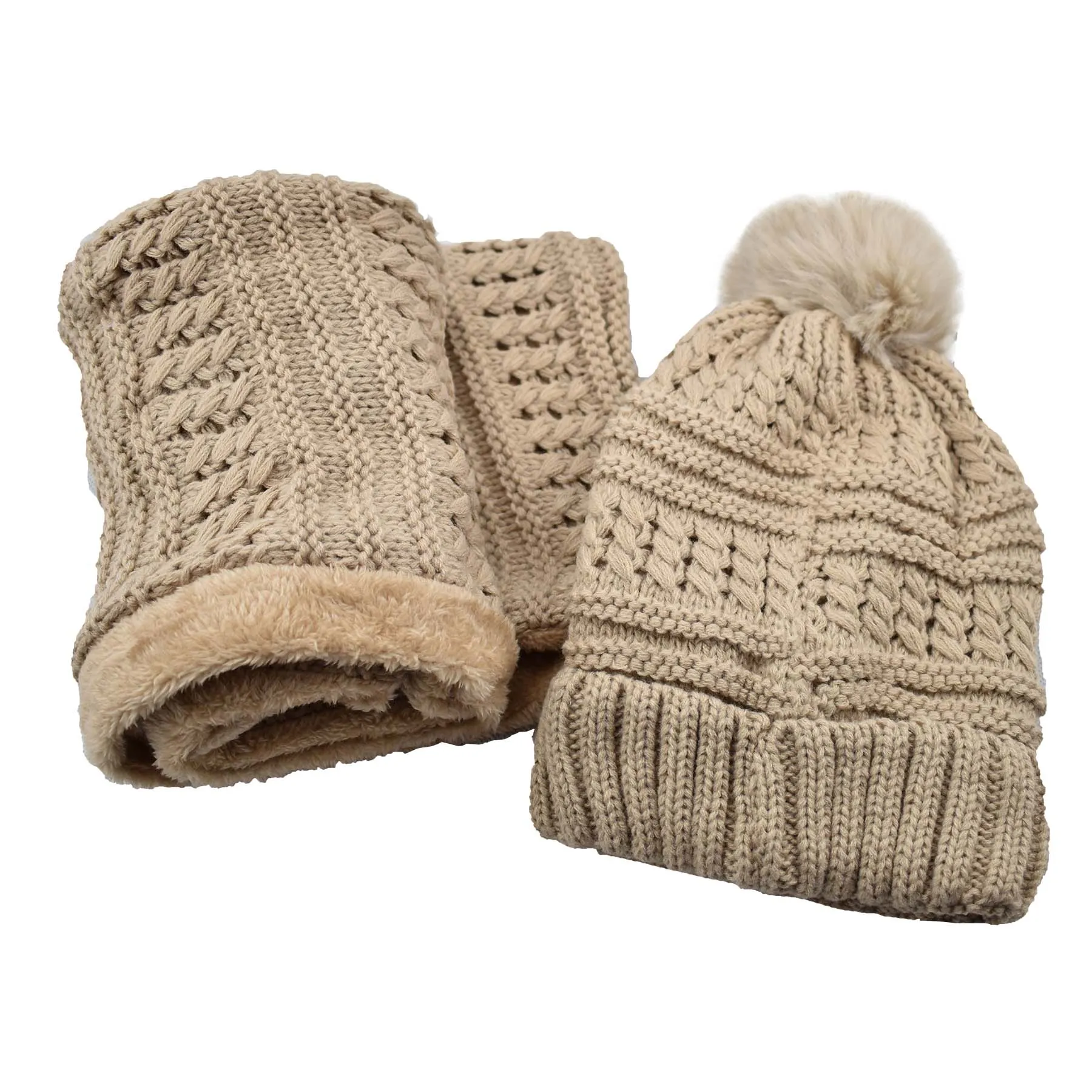 Fuzzy Fur Lined Beanie Pom Pom Hat and Scarf Set