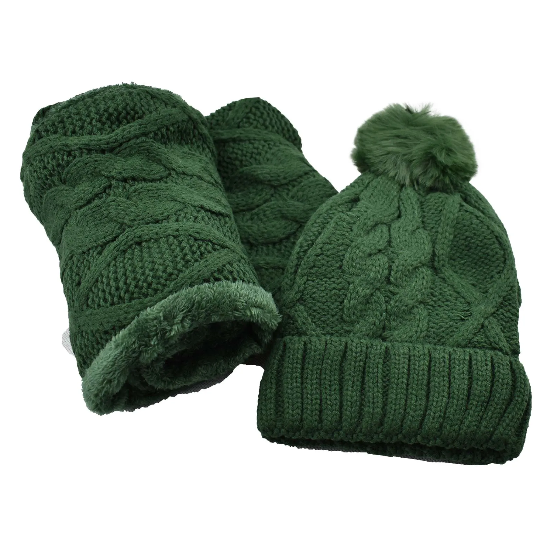 Fuzzy Fur Lined Beanie Pom Pom Hat and Scarf Set