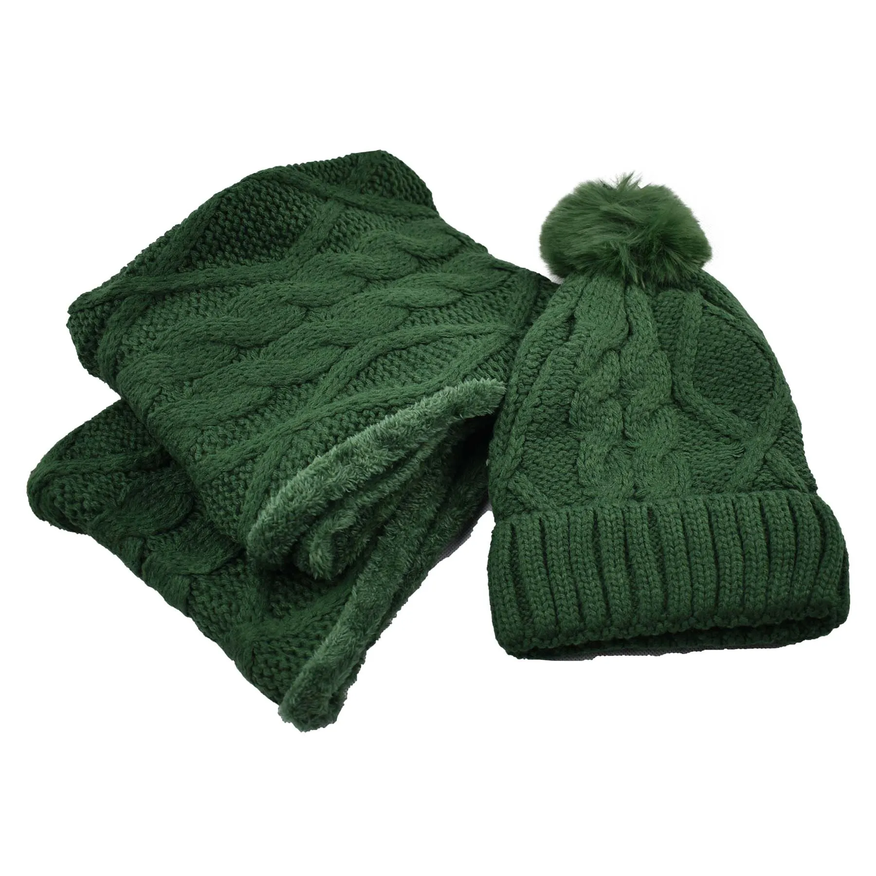 Fuzzy Fur Lined Beanie Pom Pom Hat and Scarf Set