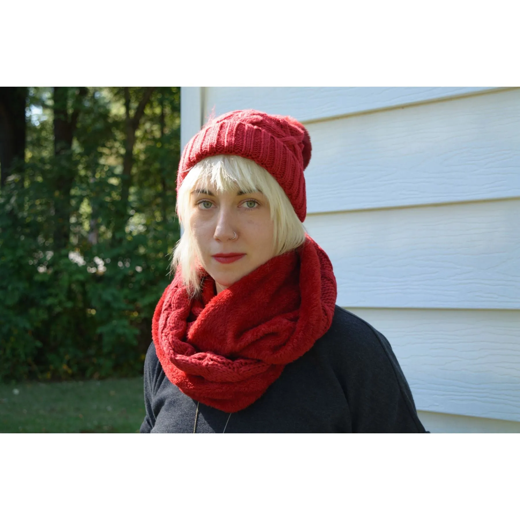 Fuzzy Fur Lined Beanie Pom Pom Hat and Scarf Set