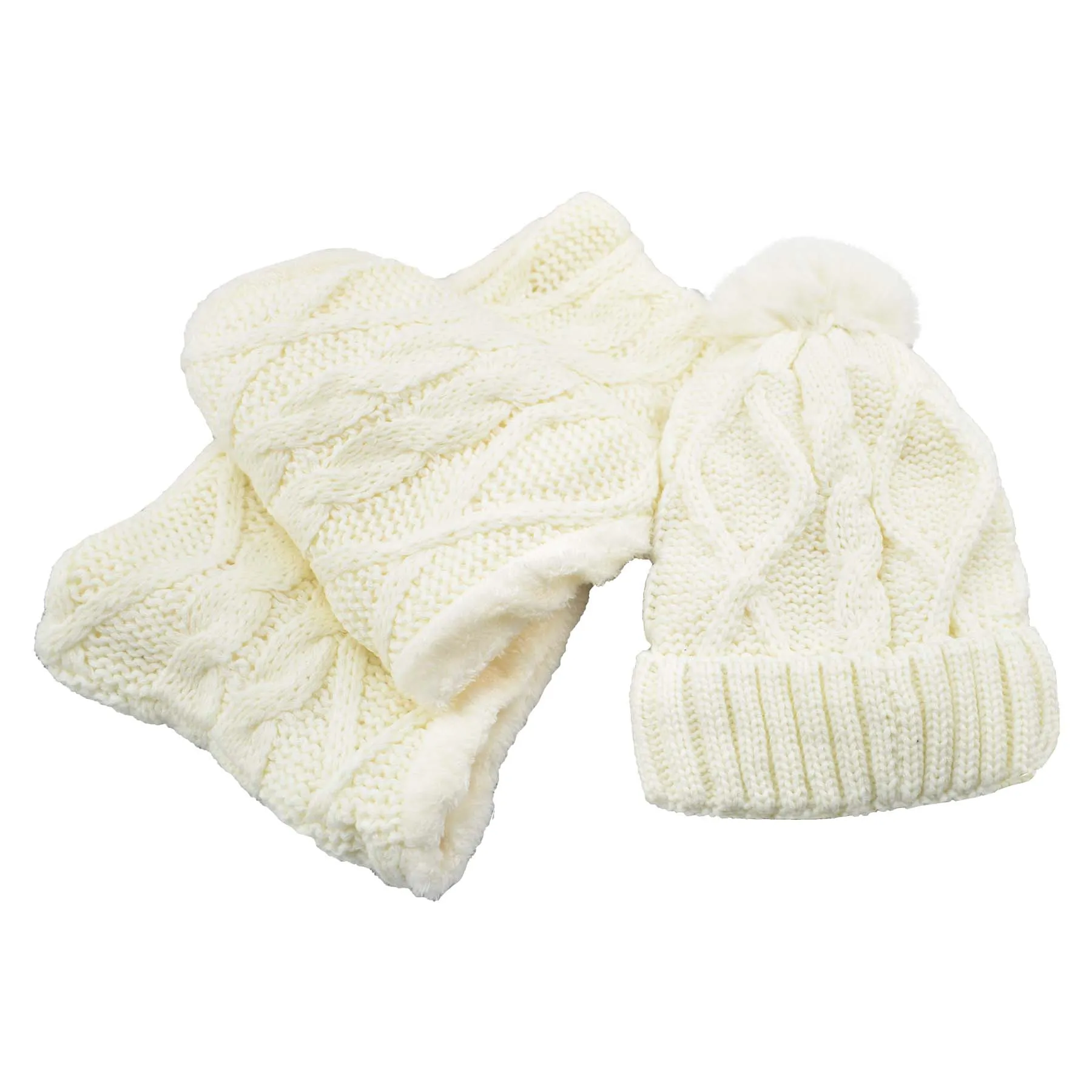 Fuzzy Fur Lined Beanie Pom Pom Hat and Scarf Set