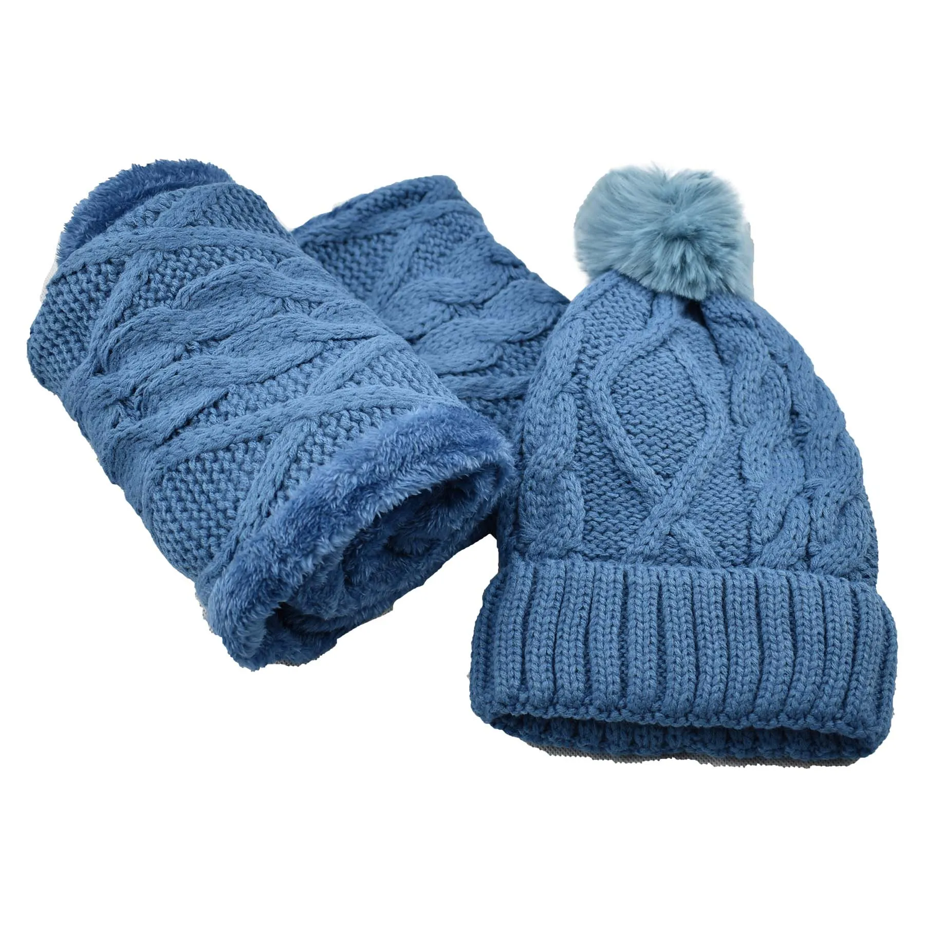 Fuzzy Fur Lined Beanie Pom Pom Hat and Scarf Set
