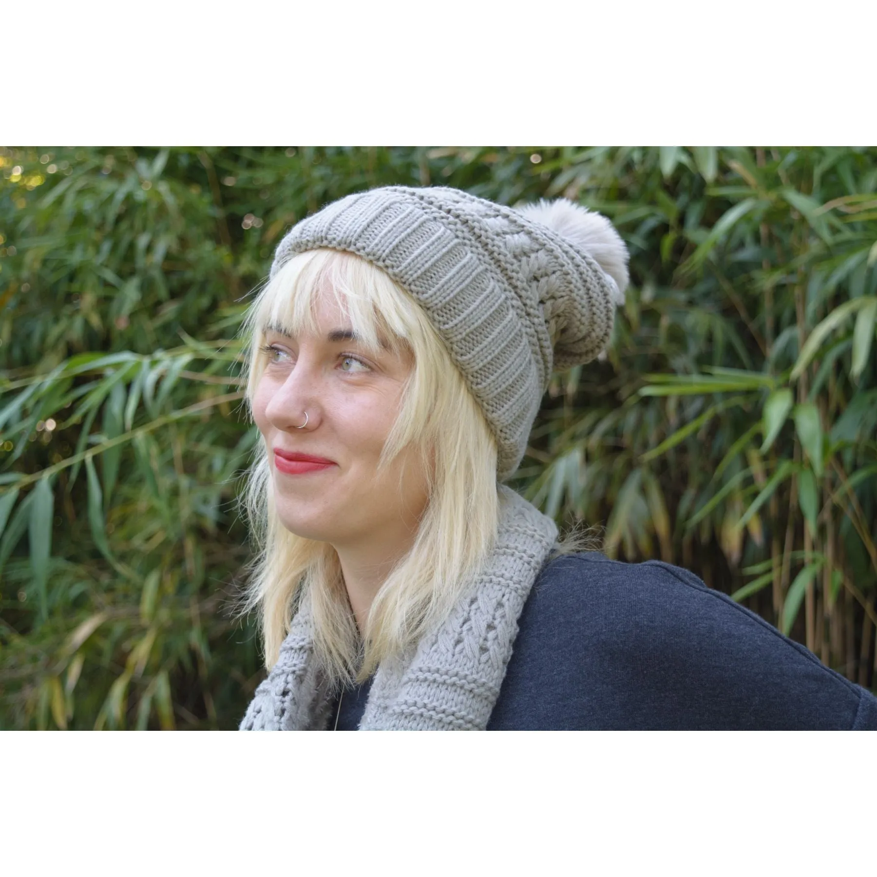 Fuzzy Fur Lined Beanie Pom Pom Hat and Scarf Set