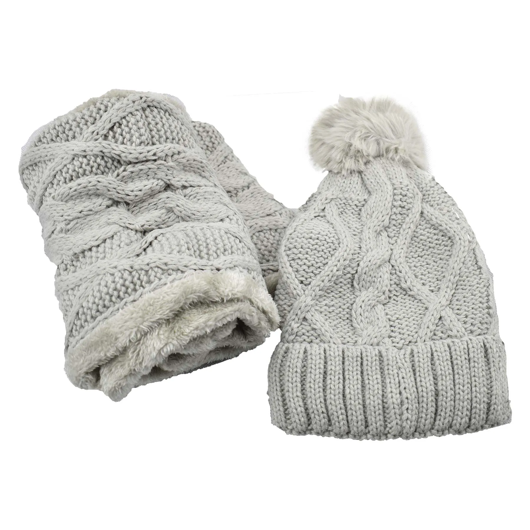 Fuzzy Fur Lined Beanie Pom Pom Hat and Scarf Set
