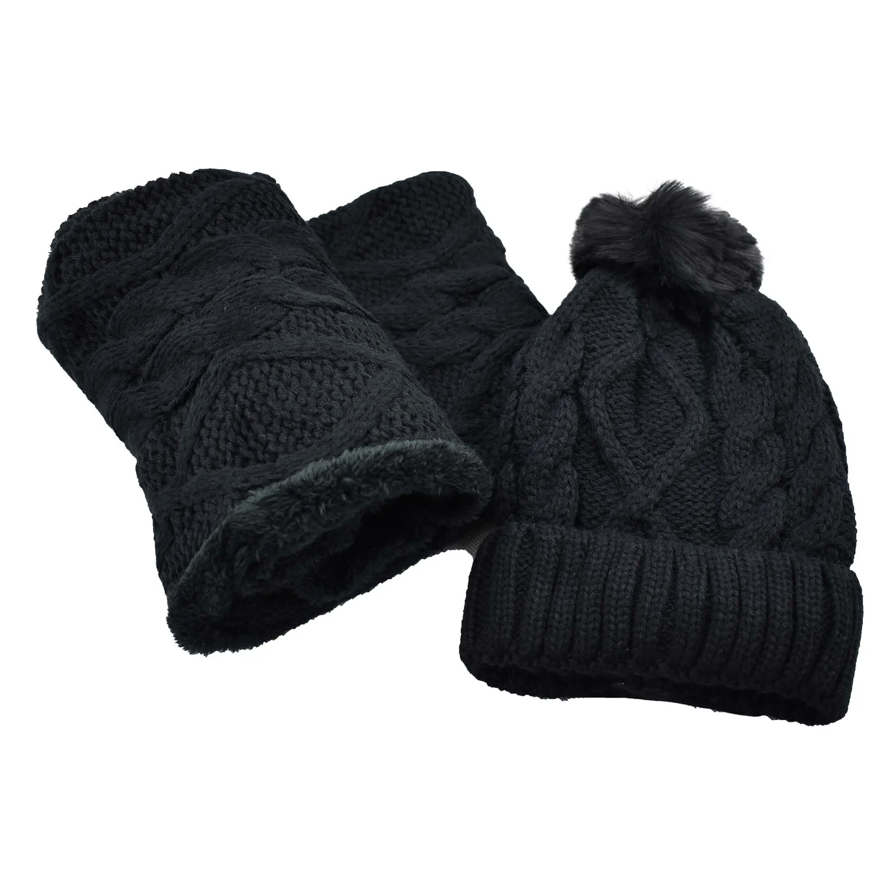 Fuzzy Fur Lined Beanie Pom Pom Hat and Scarf Set