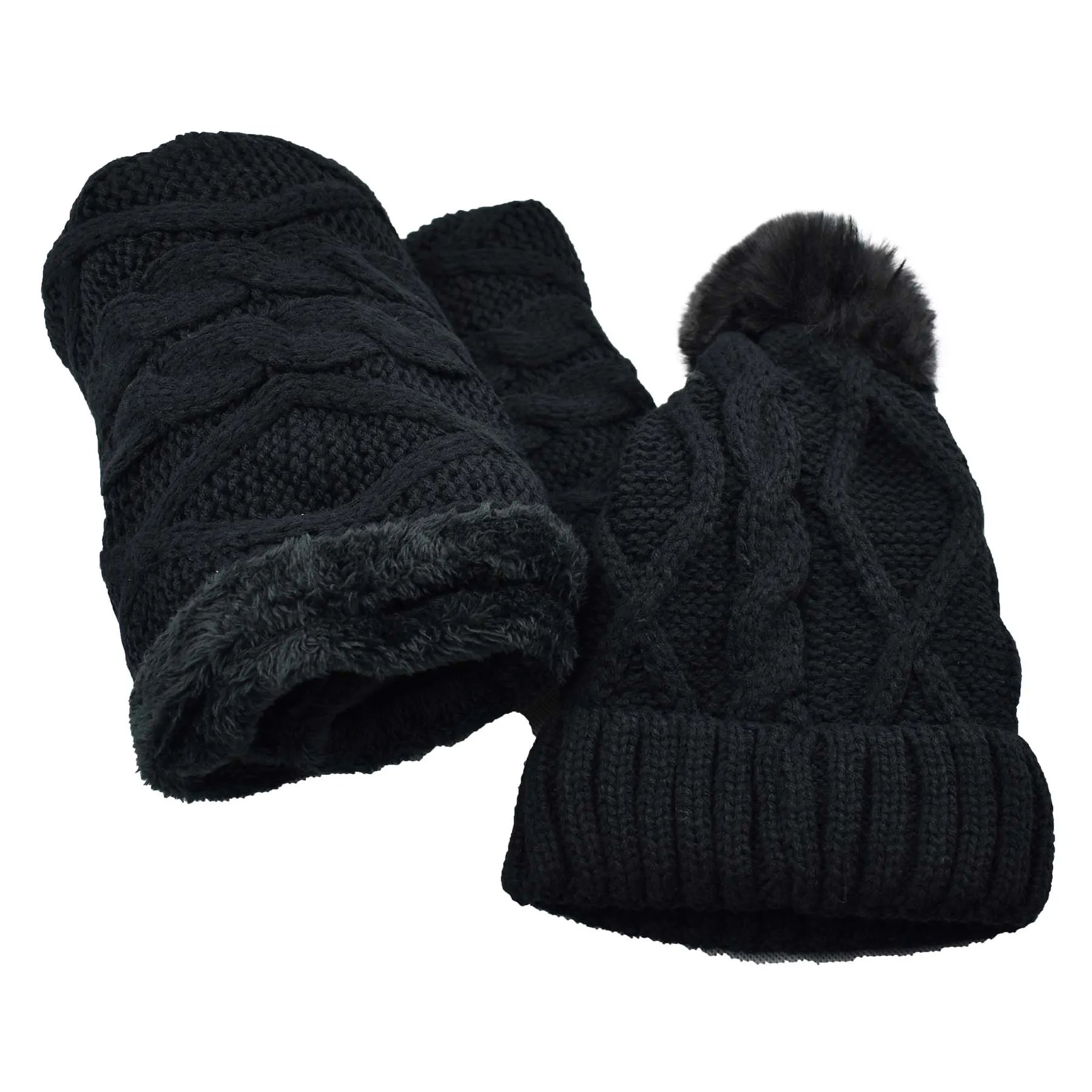 Fuzzy Fur Lined Beanie Pom Pom Hat and Scarf Set
