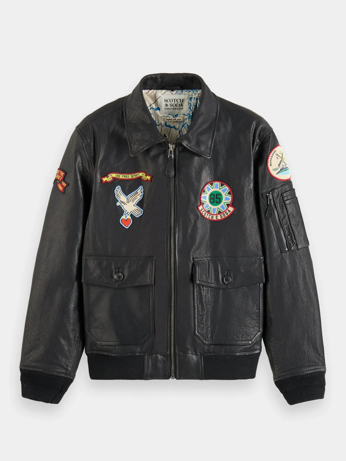 Leather bomber jacket with detachable teddy collar