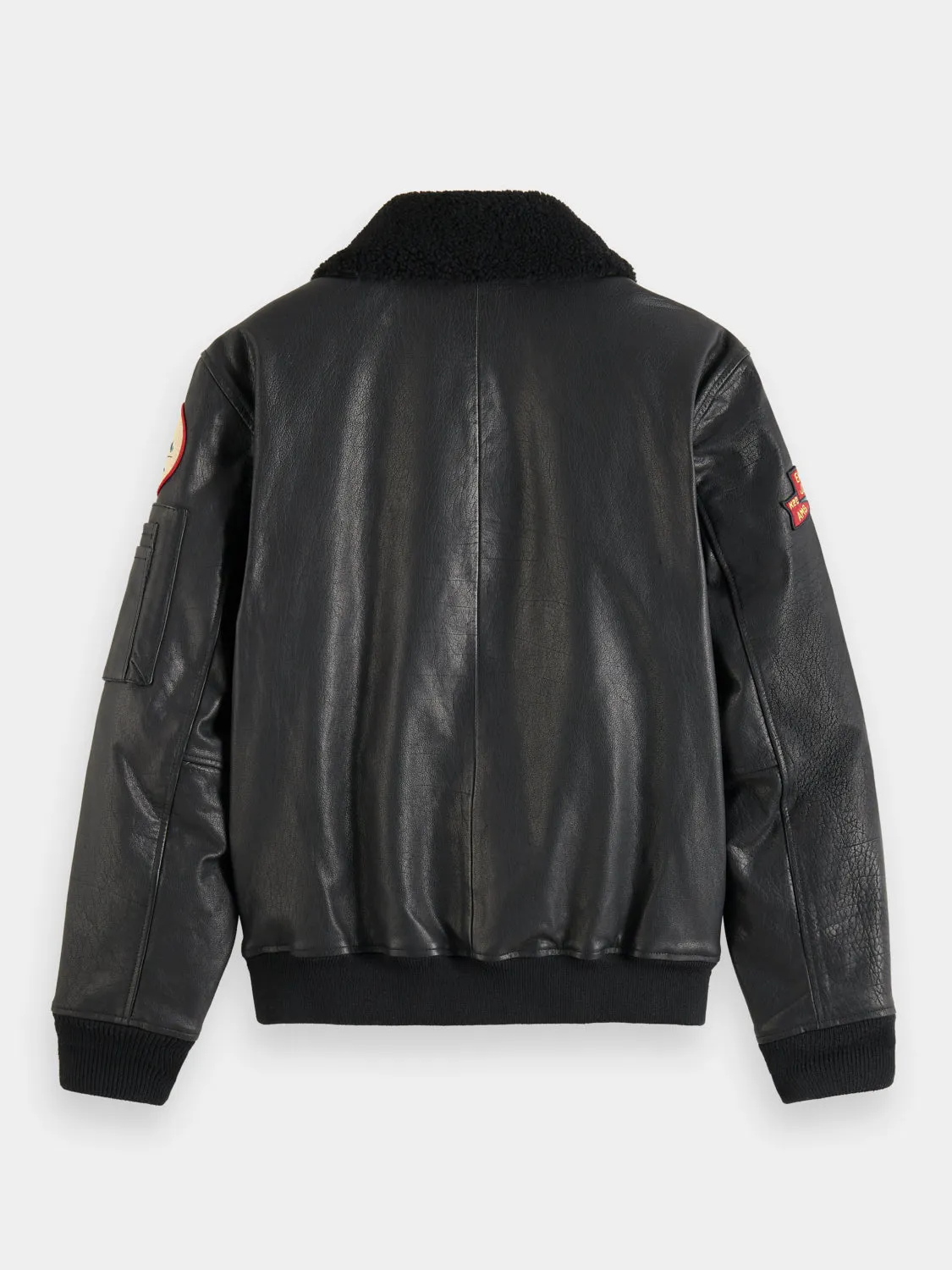 Leather bomber jacket with detachable teddy collar