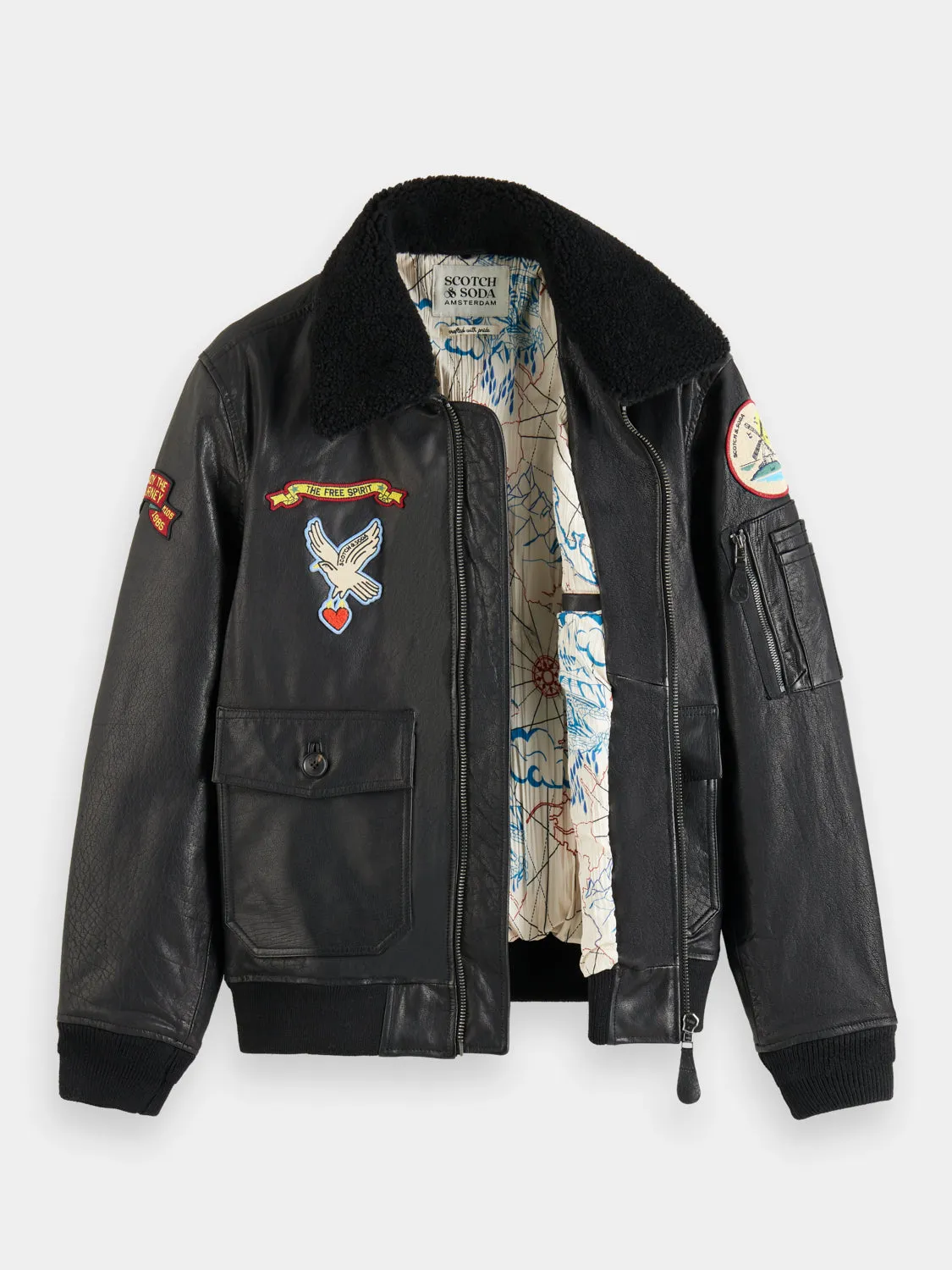 Leather bomber jacket with detachable teddy collar