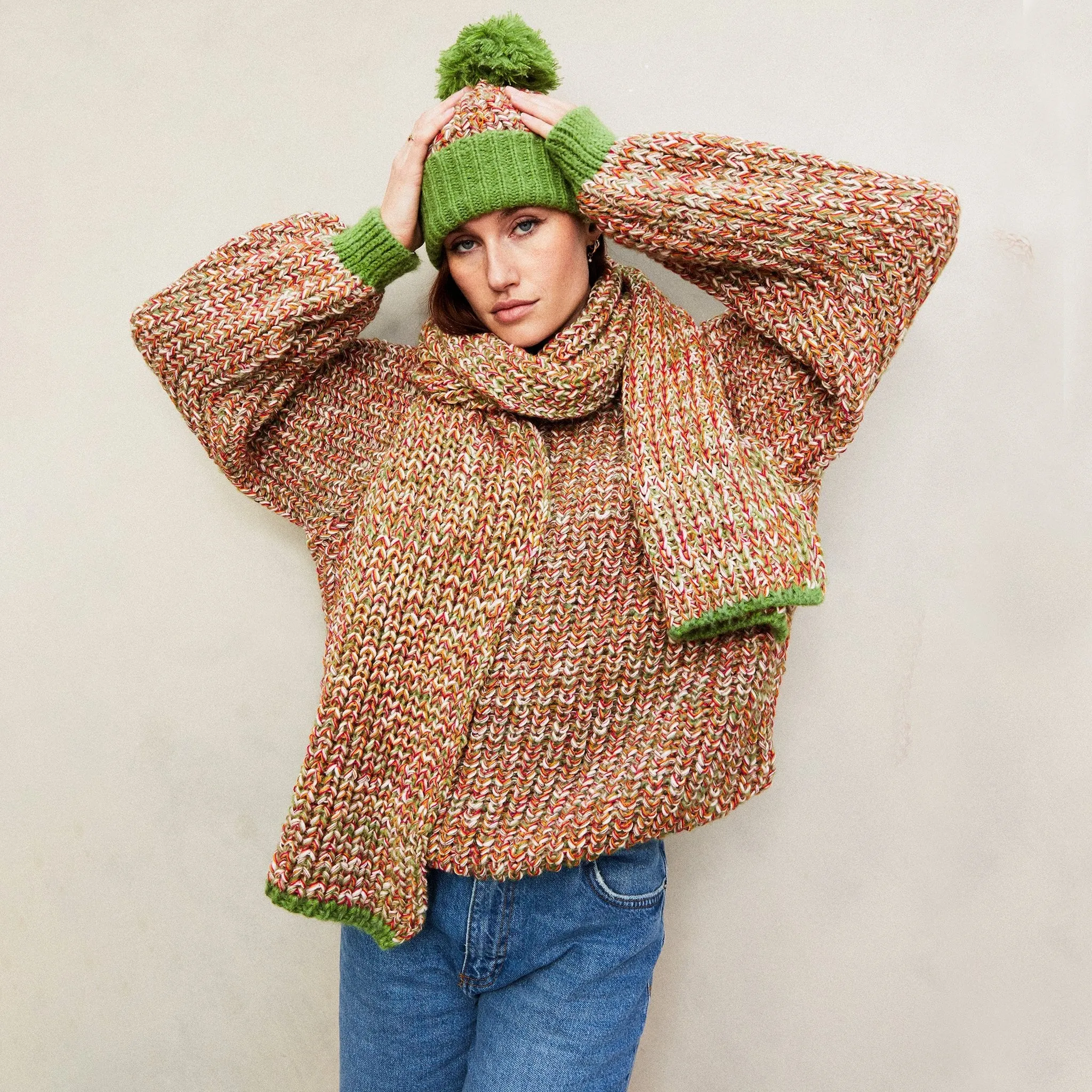 Lolly Twist Beanie Bobble Knitted Hat - Olive Green