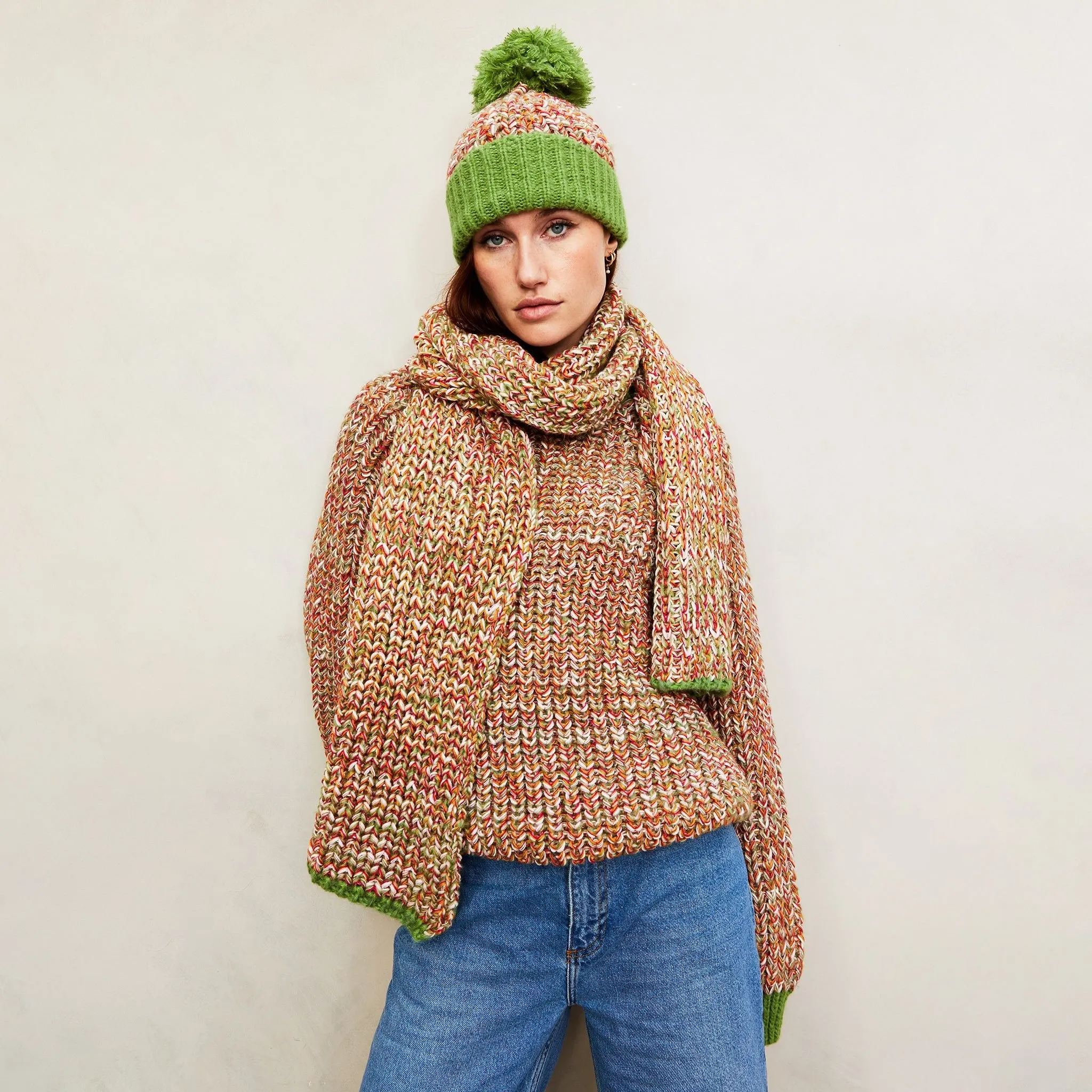 Lolly Twist Beanie Bobble Knitted Hat - Olive Green