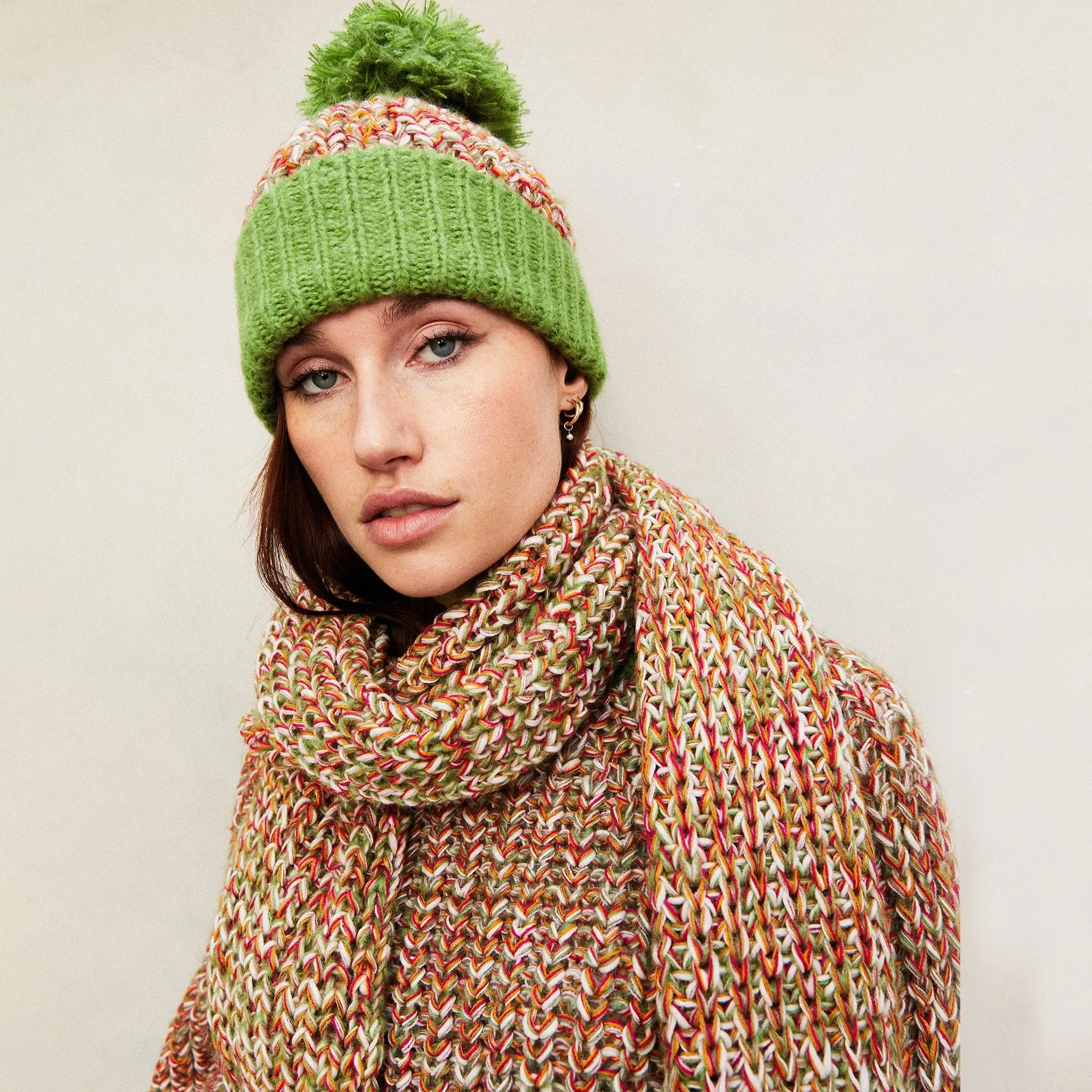 Lolly Twist Beanie Bobble Knitted Hat - Olive Green