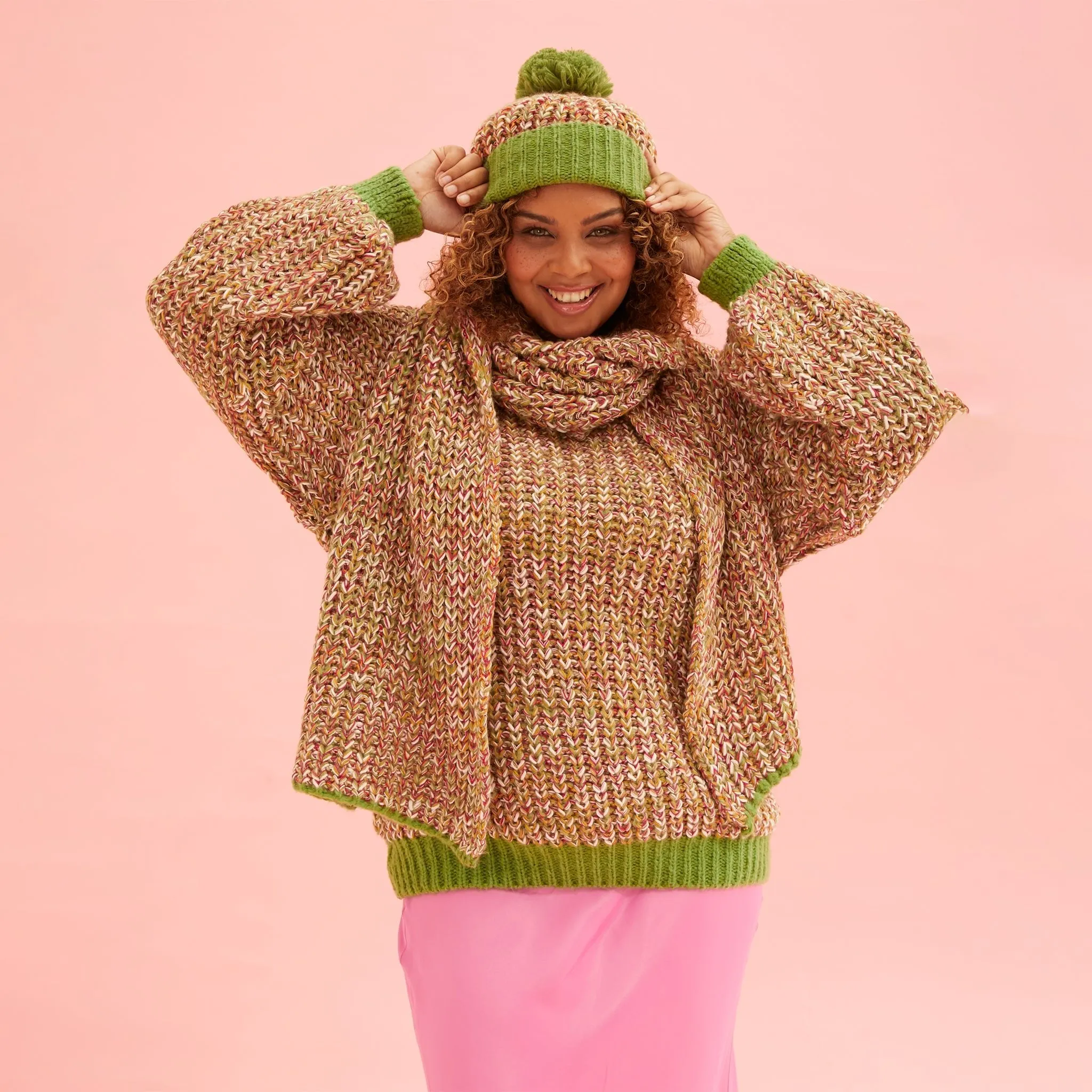 Lolly Twist Beanie Bobble Knitted Hat - Olive Green