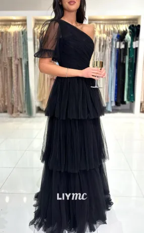 LP1049 - A Line One Shoulder Tulle Draped Black Formal Prom Dress