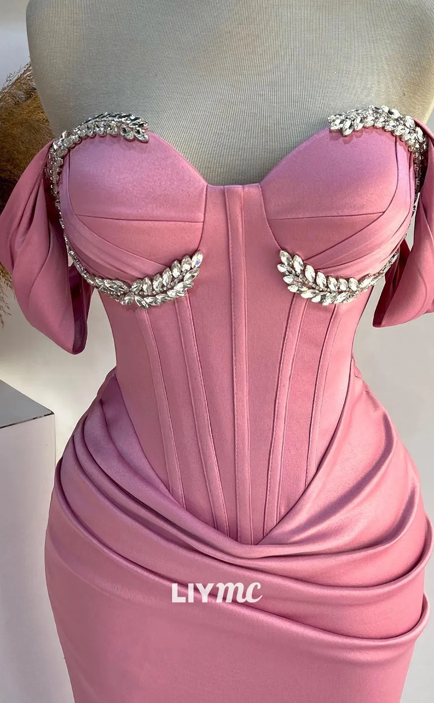 LP1394 - Off-Shoulder Rhinestone Trimmed Semi-Sweetheart Pleated Ruched Sleek Satin Prom Dress