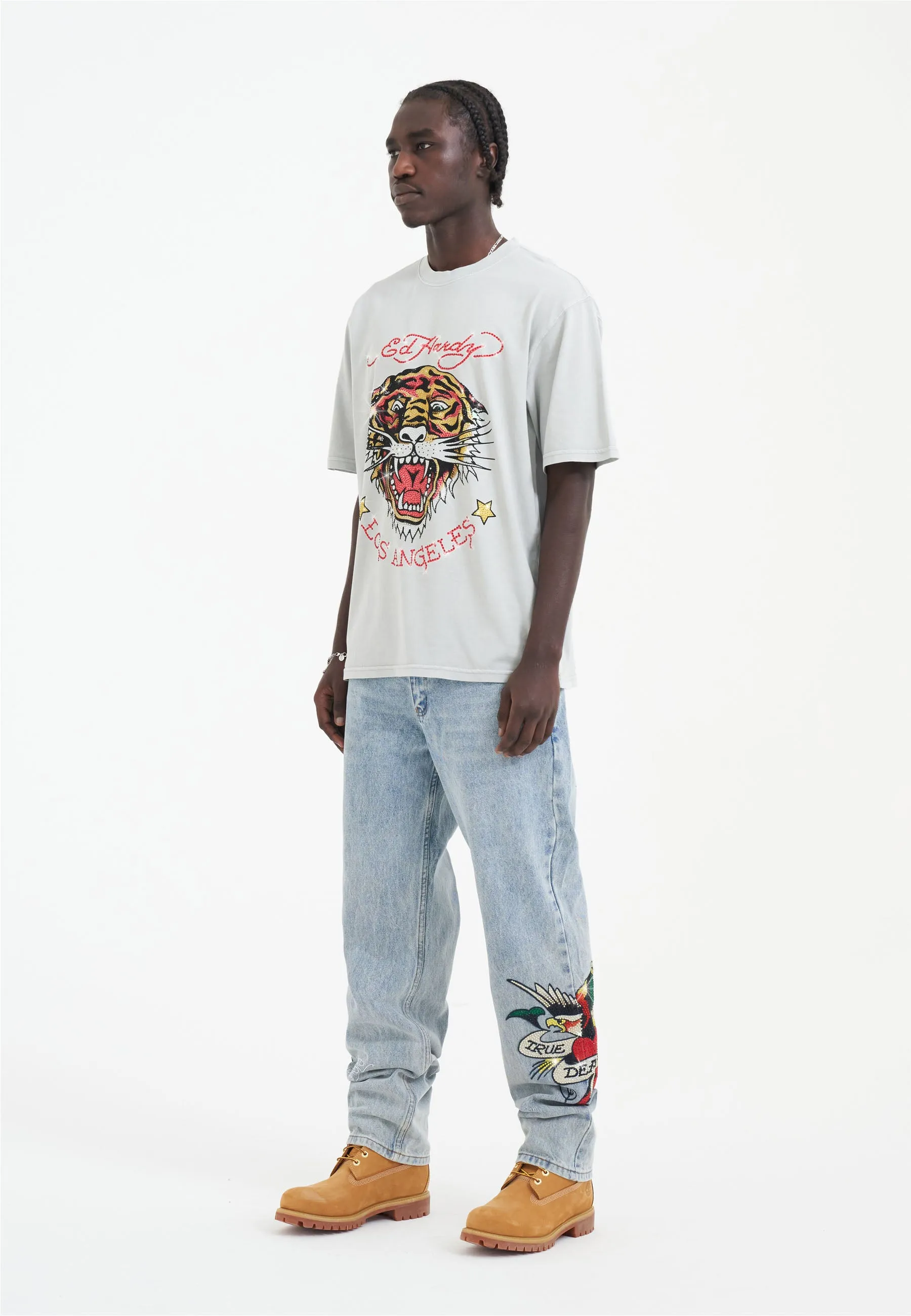 Mens La Tiger Vintage Diamante Tshirt - Grey