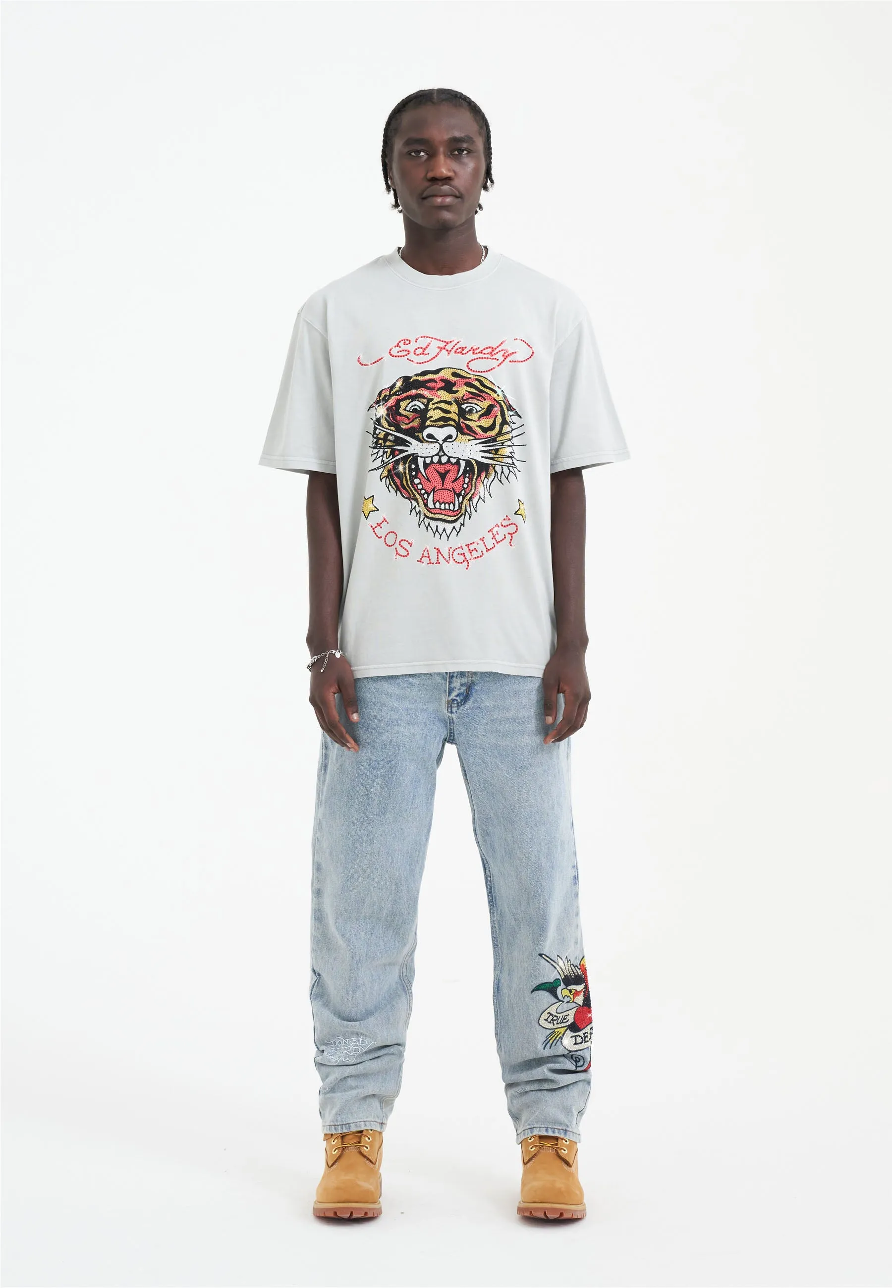 Mens La Tiger Vintage Diamante Tshirt - Grey