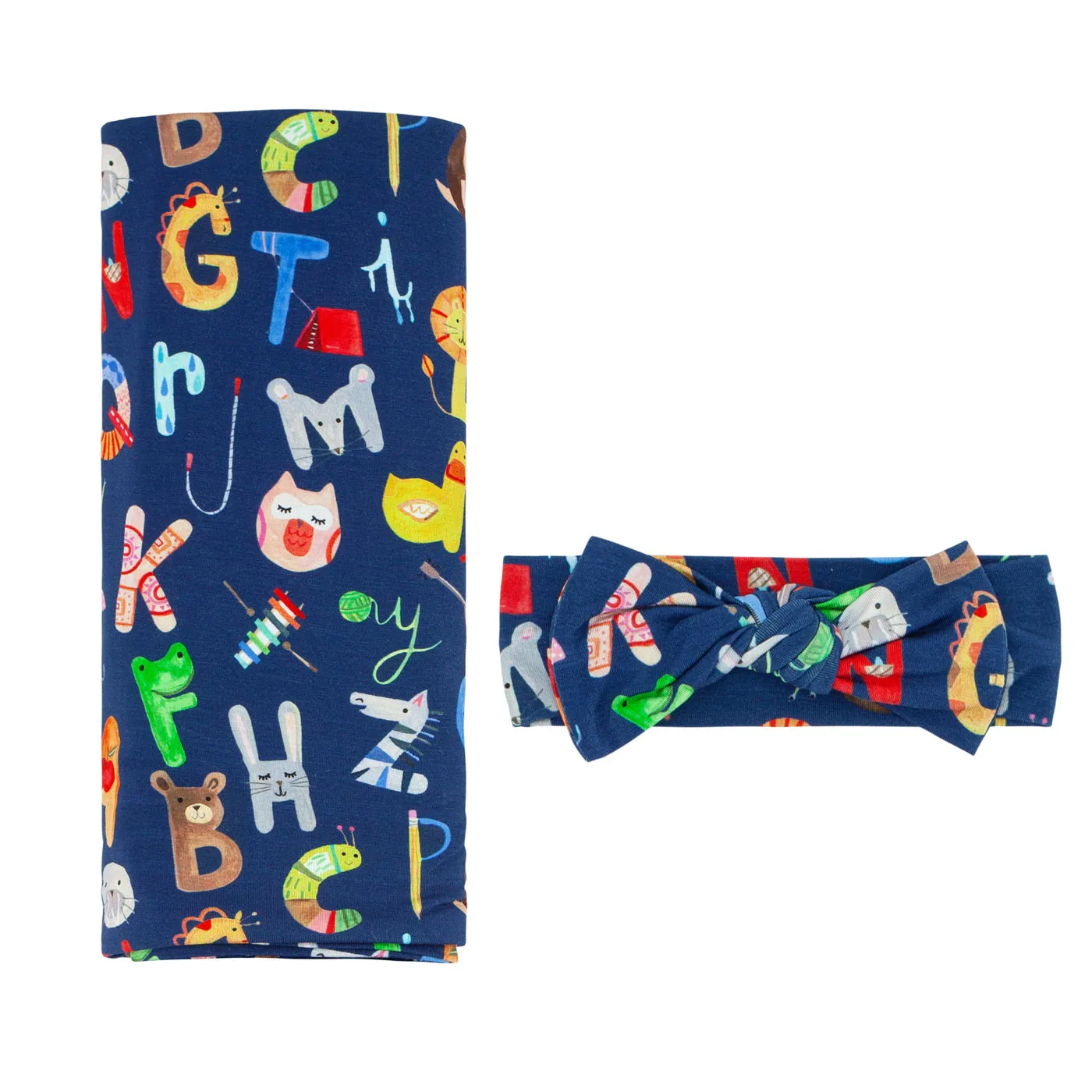 Navy Alphabet Friends Swaddle & Headband Set
