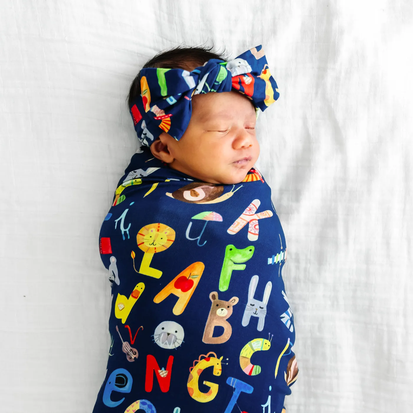 Navy Alphabet Friends Swaddle & Headband Set