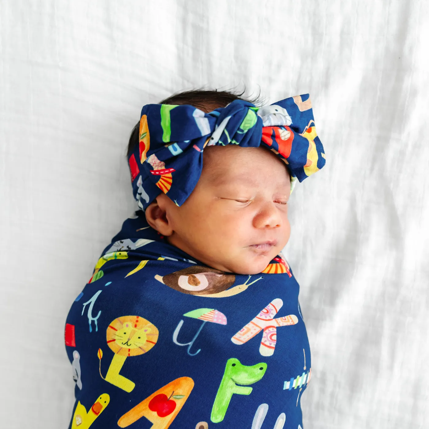 Navy Alphabet Friends Swaddle & Headband Set
