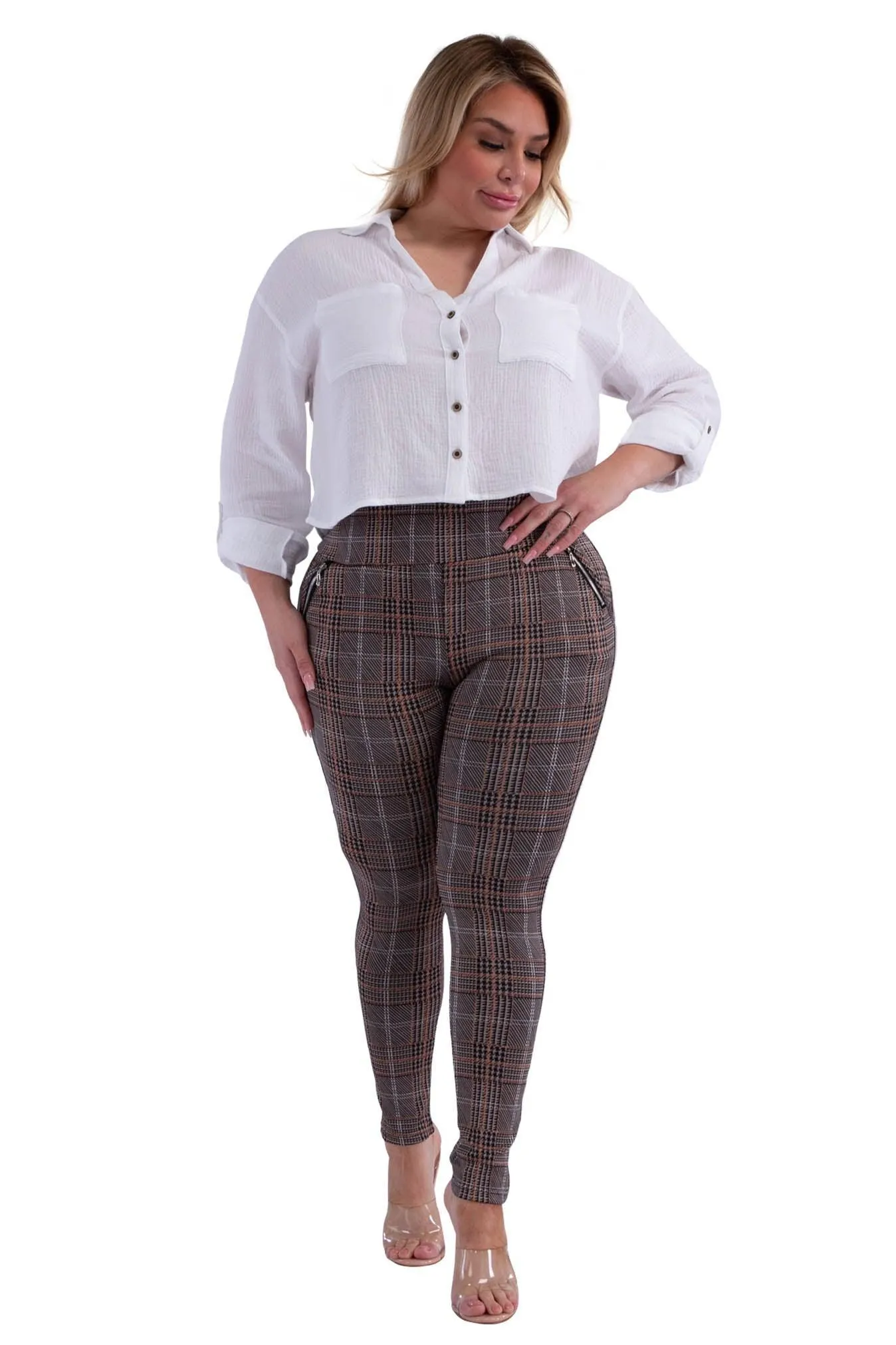 Plus Size Treggings With Zipper Pocket Trim - Black & Khaki Plaid