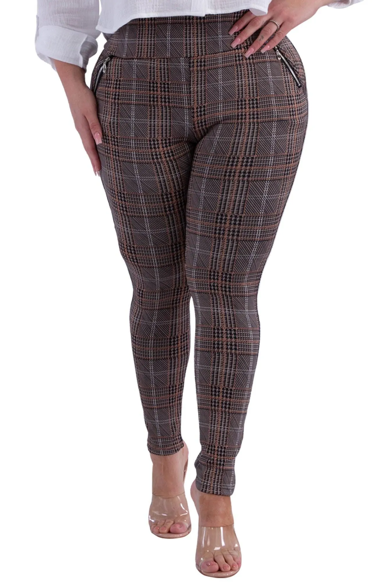Plus Size Treggings With Zipper Pocket Trim - Black & Khaki Plaid