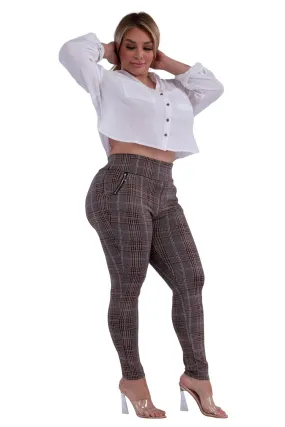 Plus Size Treggings With Zipper Pocket Trim - Black & Khaki Plaid