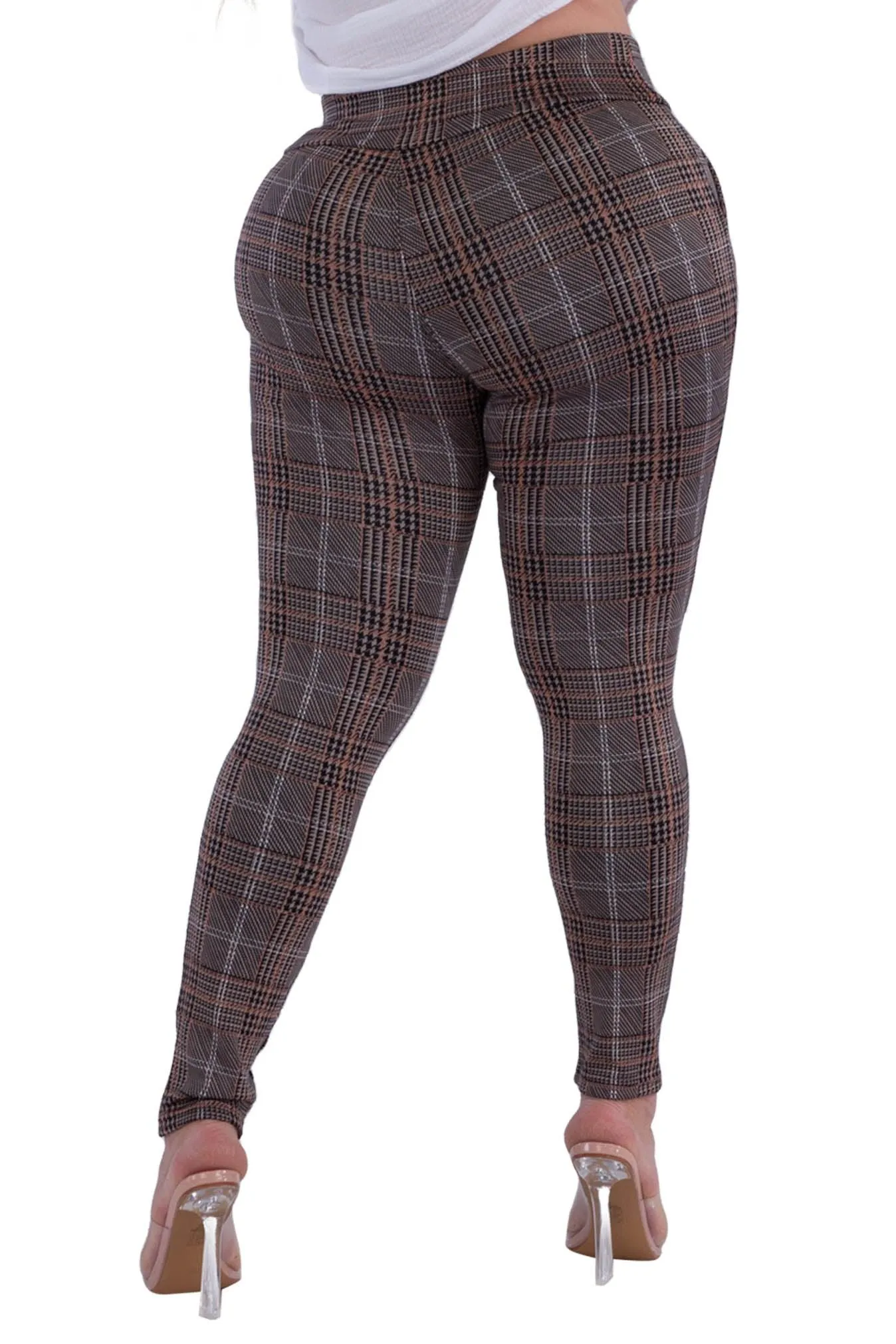 Plus Size Treggings With Zipper Pocket Trim - Black & Khaki Plaid