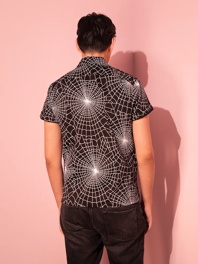PRE-ORDER Button Up Short Sleeve Shirt in Halloween Spider Web Print in Black (unisex)