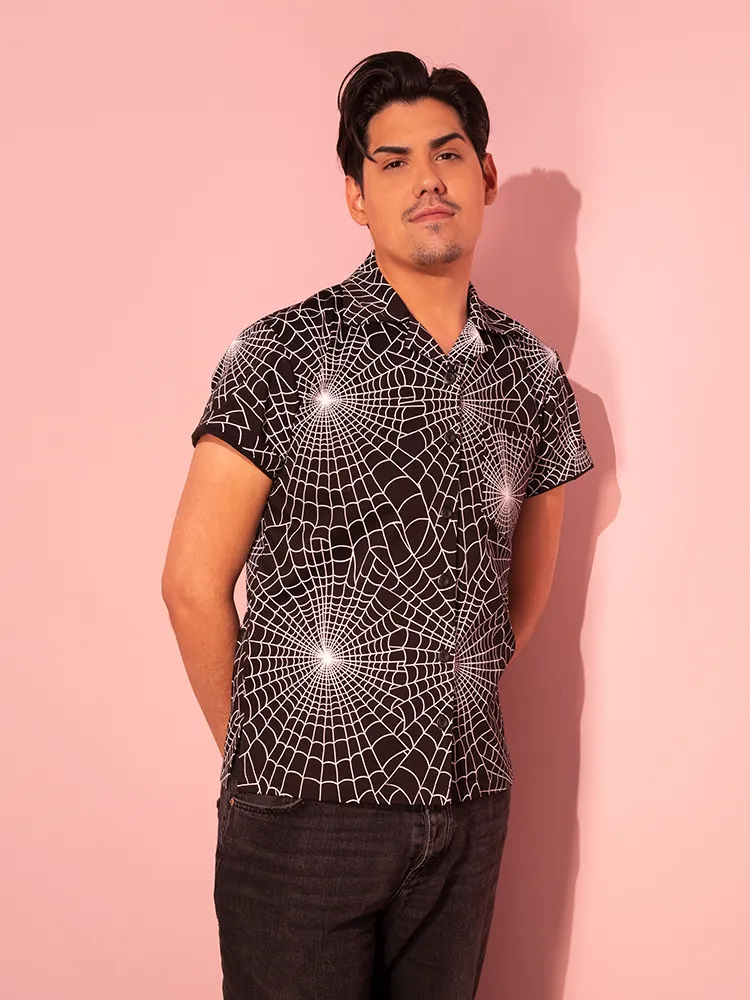 PRE-ORDER Button Up Short Sleeve Shirt in Halloween Spider Web Print in Black (unisex)