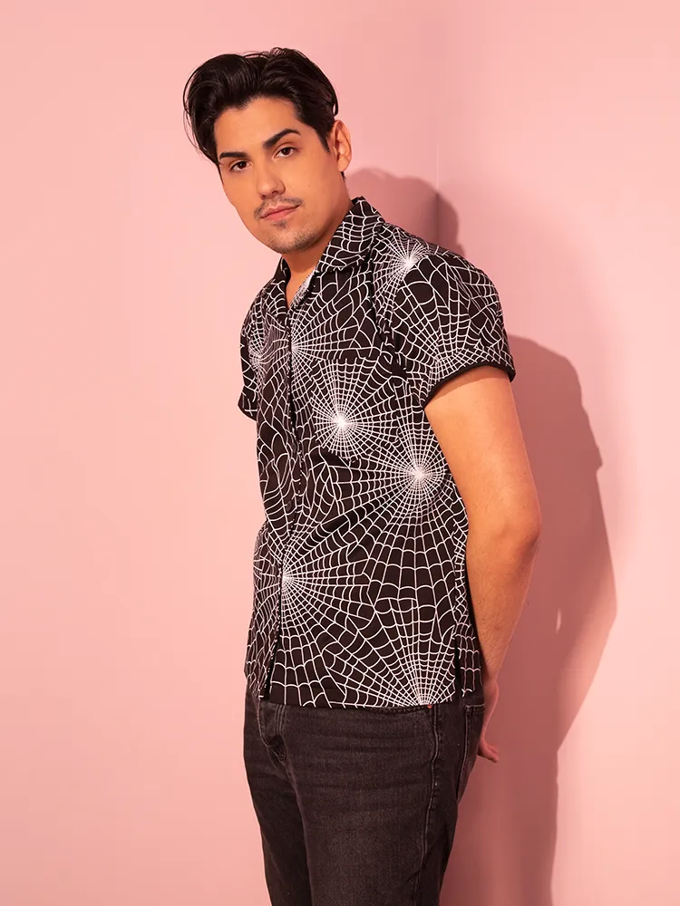 PRE-ORDER Button Up Short Sleeve Shirt in Halloween Spider Web Print in Black (unisex)