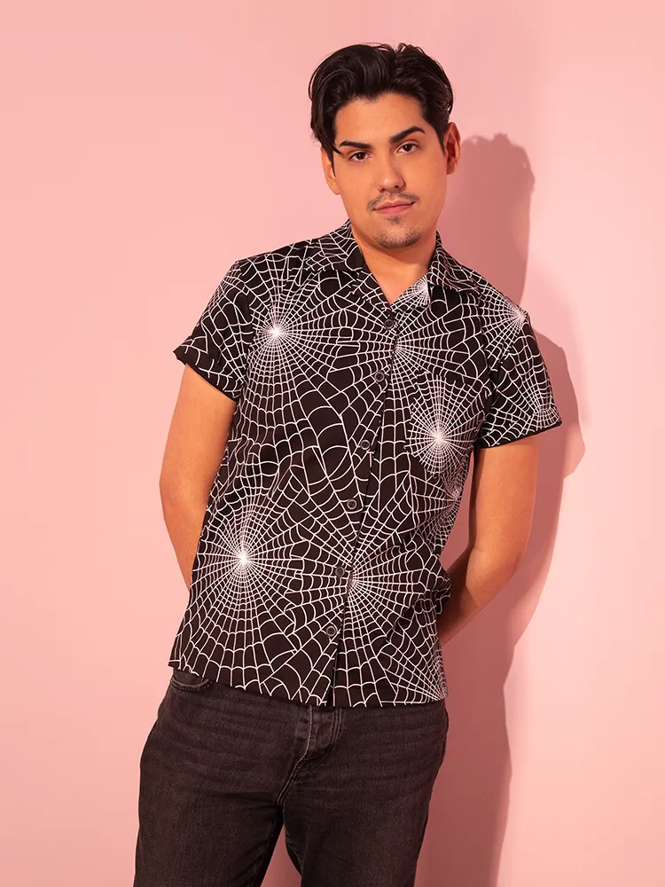 PRE-ORDER Button Up Short Sleeve Shirt in Halloween Spider Web Print in Black (unisex)