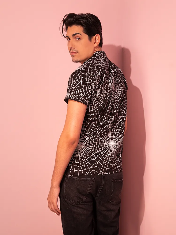 PRE-ORDER Button Up Short Sleeve Shirt in Halloween Spider Web Print in Black (unisex)
