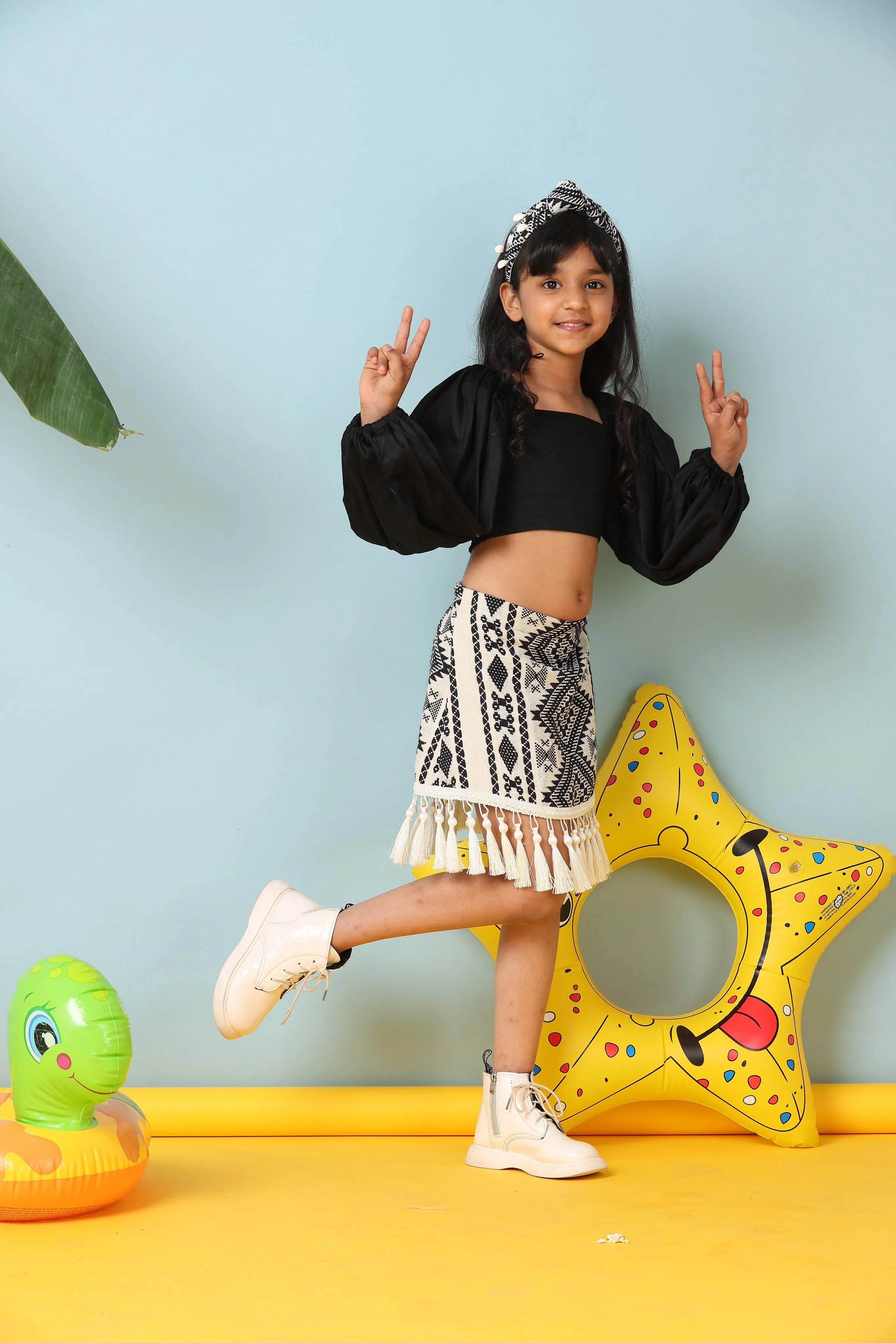 Pre-Order-Stylish Boho Shirt Skirt with Plain Black Balloon Top