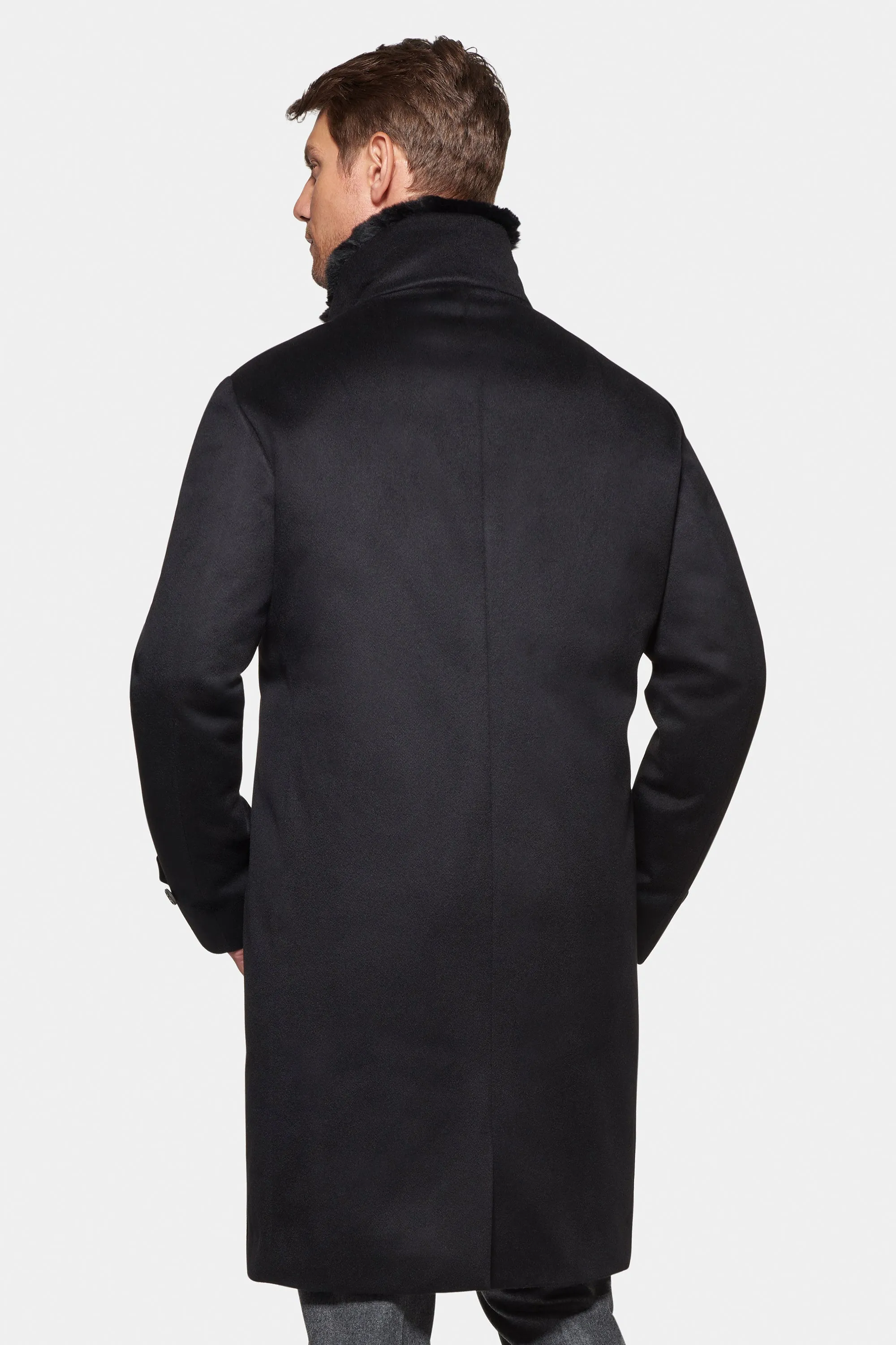 Pure Cashmere Fur Trimmed Topcoat, Black
