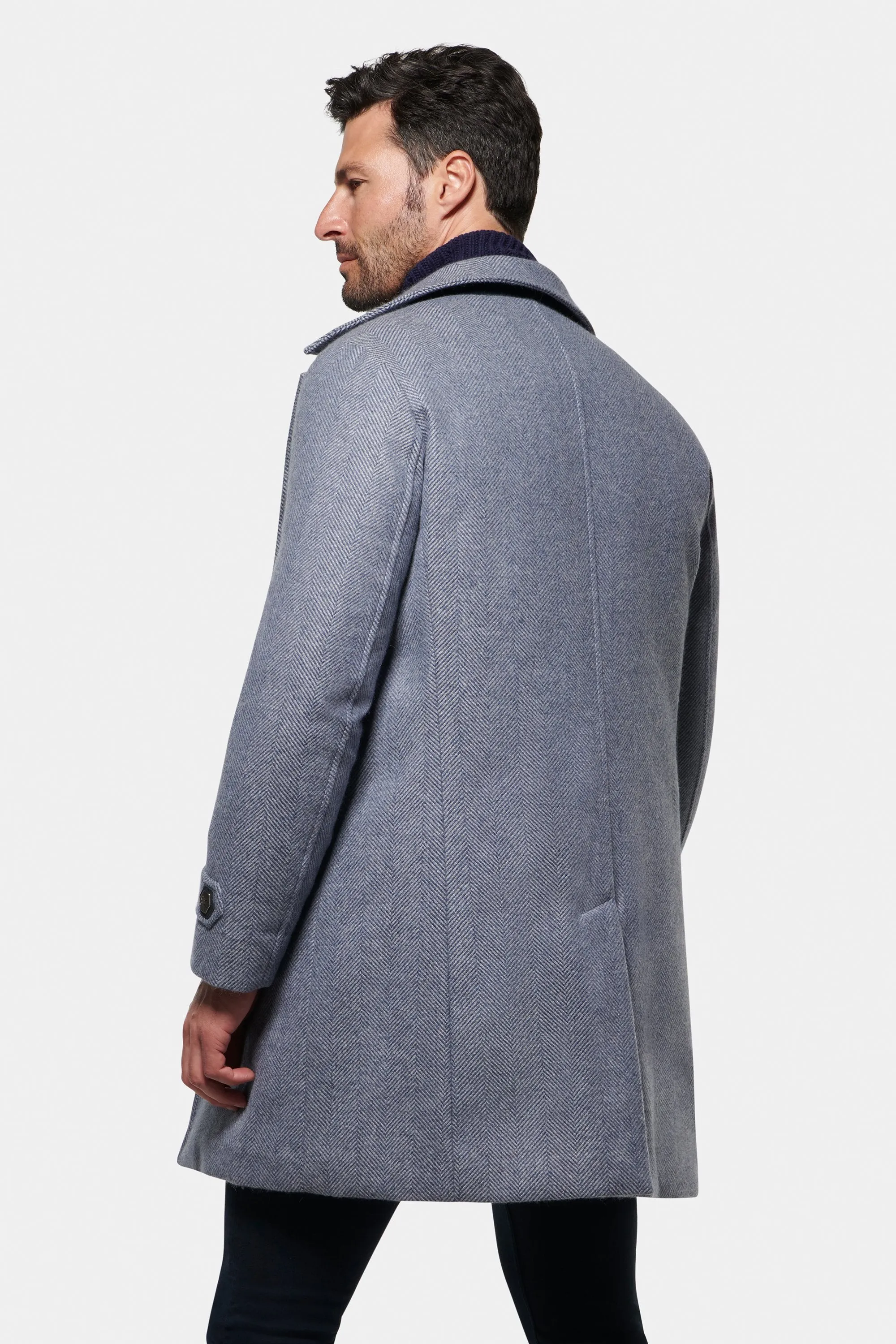 Pure Cashmere ¾ Length, Light Grey Blue Herringbone