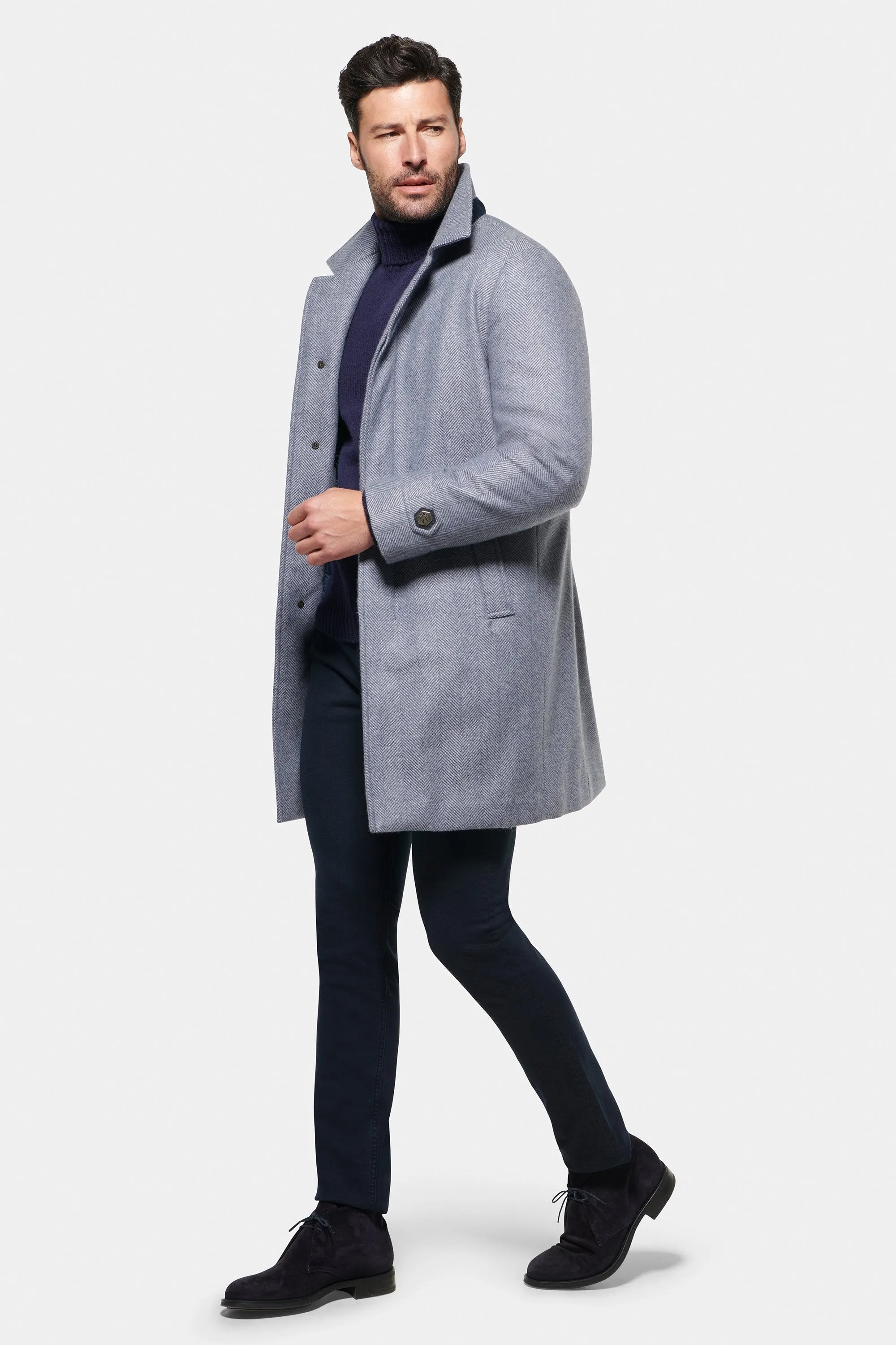 Pure Cashmere ¾ Length, Light Grey Blue Herringbone