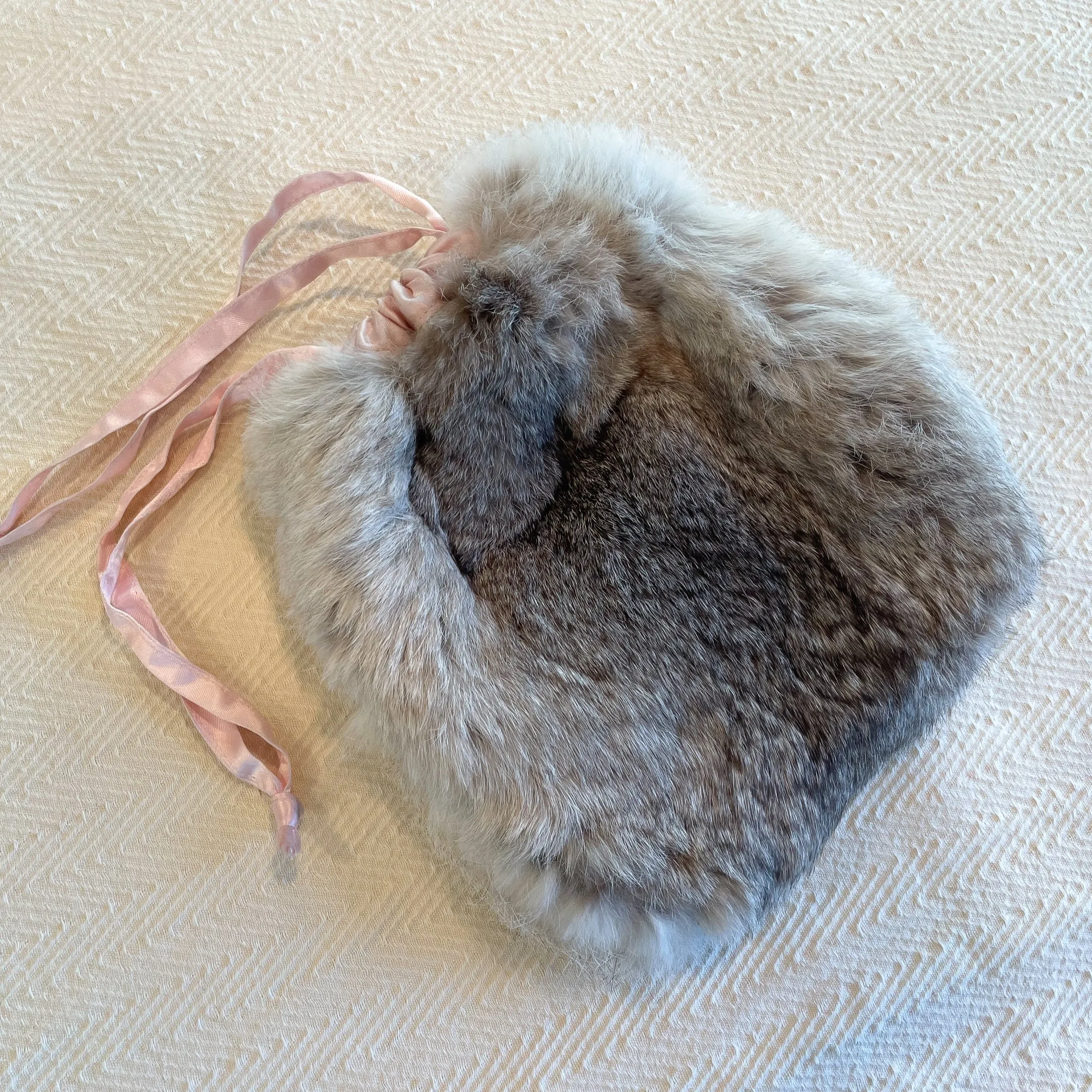 Rabbit Fur Purse/Pouch, Ribbon Drawstring