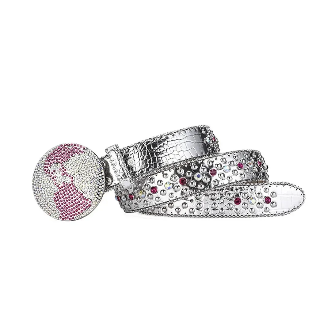 Rhinestone Globe Buckle With Silver & Pink Studded Belt