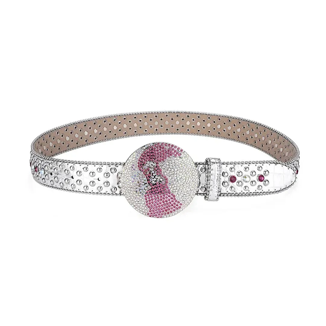 Rhinestone Globe Buckle With Silver & Pink Studded Belt