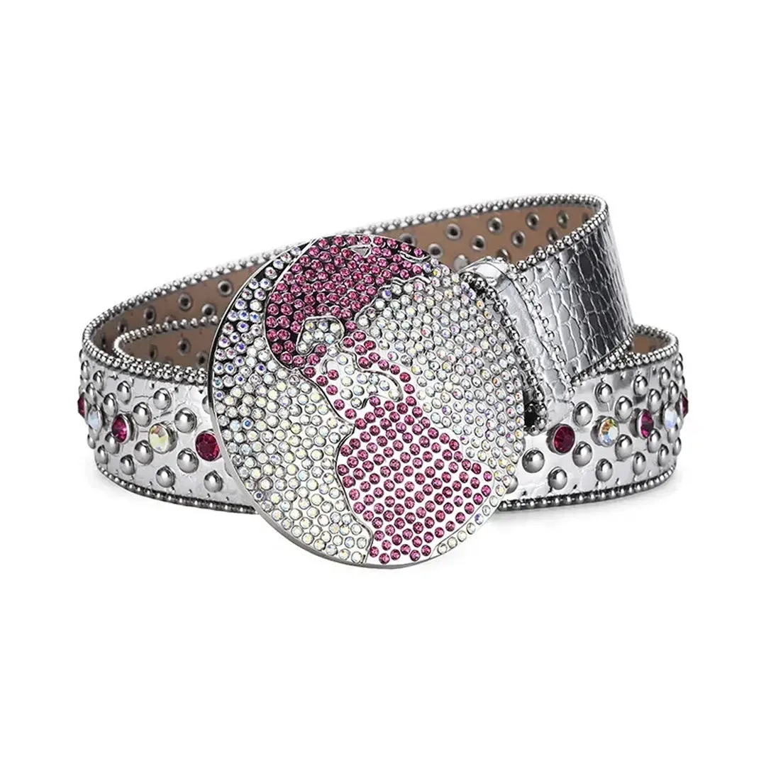 Rhinestone Globe Buckle With Silver & Pink Studded Belt