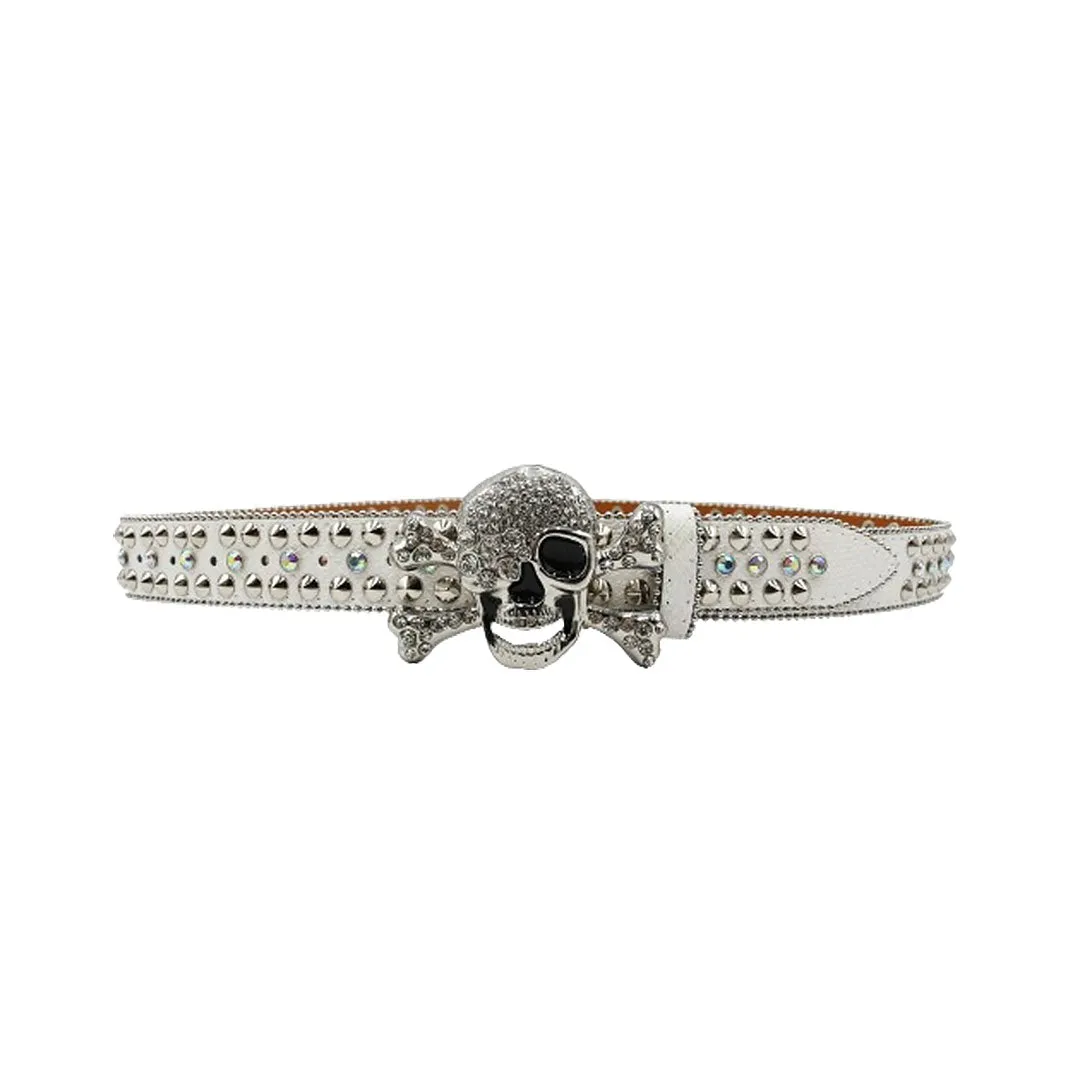 Rhinestone Metal Skull Buckle White Strap With Crystal Studded Belt