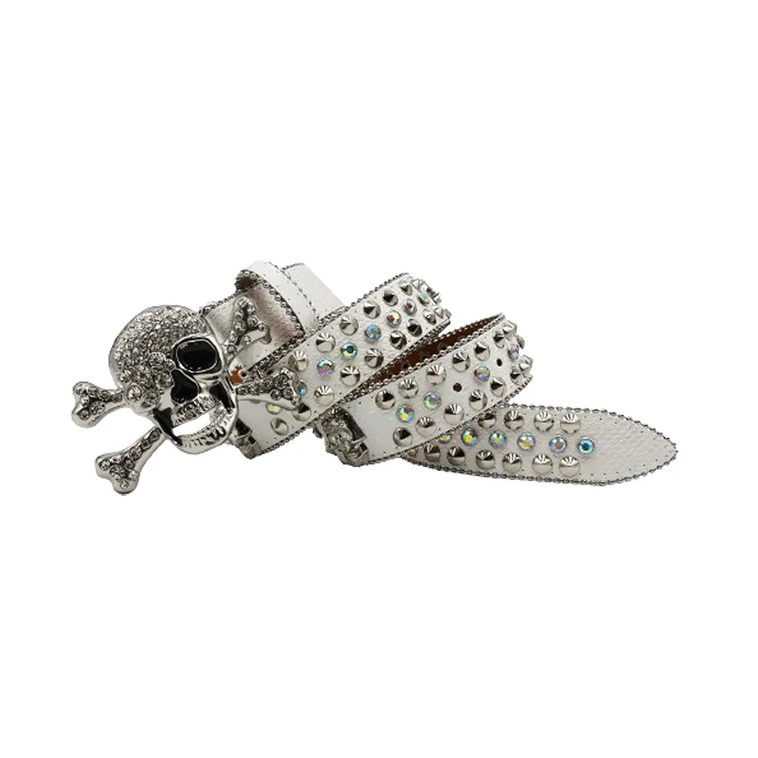Rhinestone Metal Skull Buckle White Strap With Crystal Studded Belt
