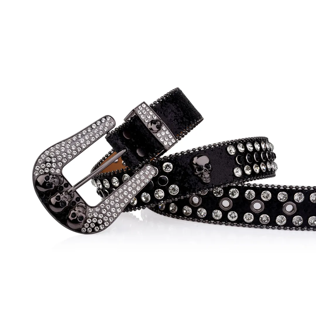 Rhinestone Skull Buckle Black Strap With Black & Crystal Studded Belt