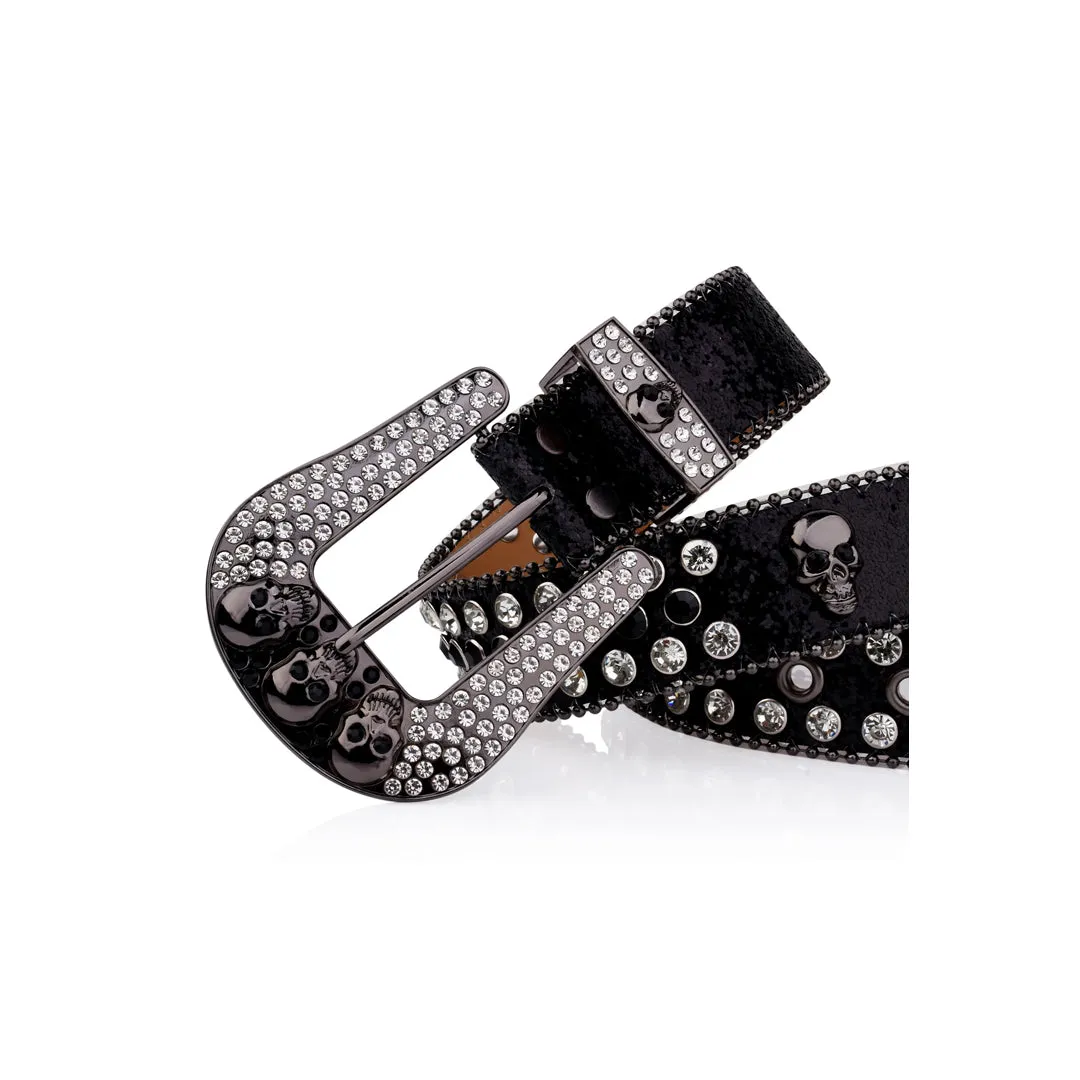 Rhinestone Skull Buckle Black Strap With Black & Crystal Studded Belt