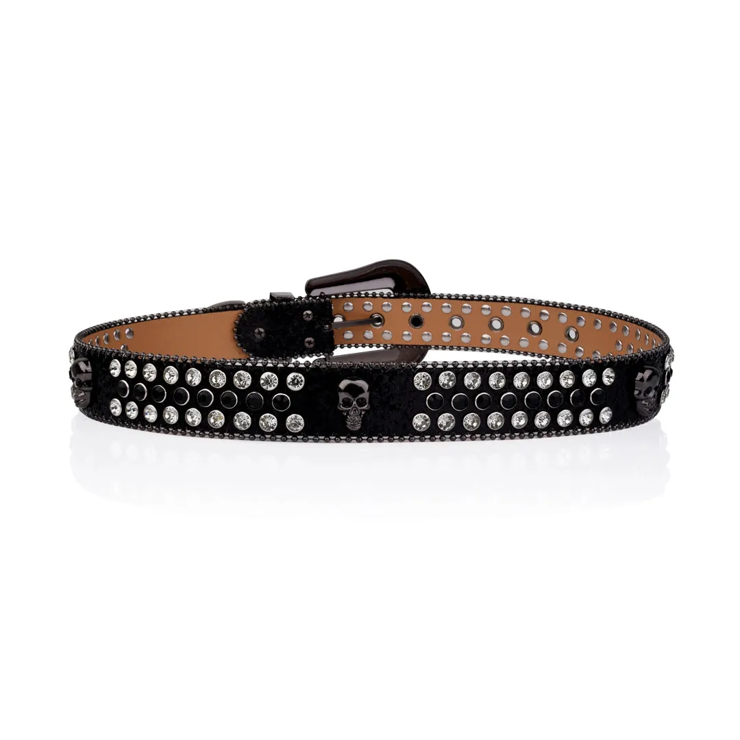 Rhinestone Skull Buckle Black Strap With Black & Crystal Studded Belt