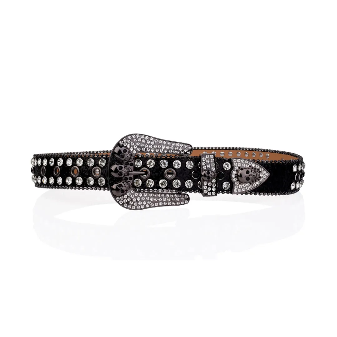 Rhinestone Skull Buckle Black Strap With Black & Crystal Studded Belt