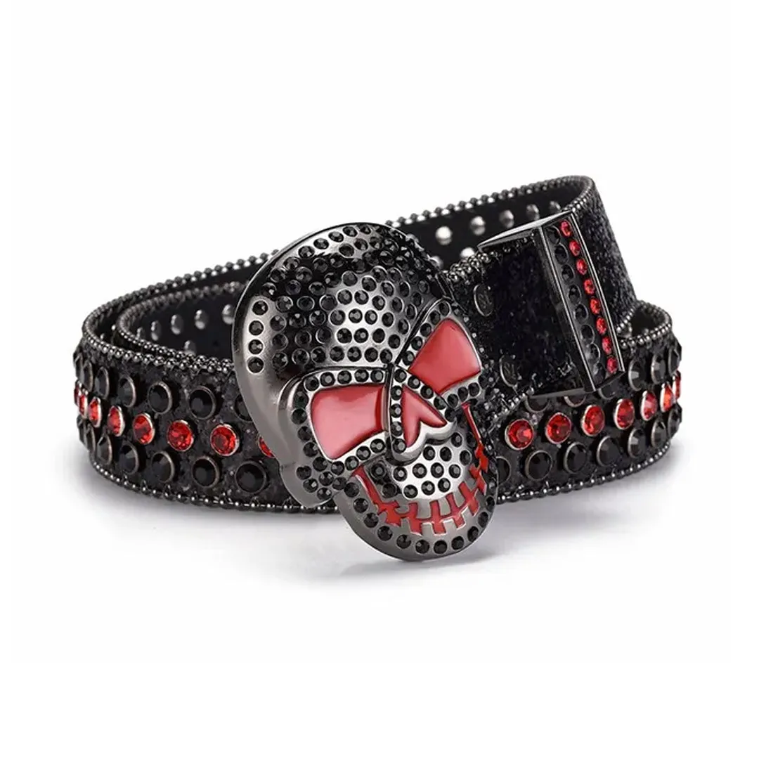 Rhinestone Skull Buckle Black Strap With Black & Red Studded Belt